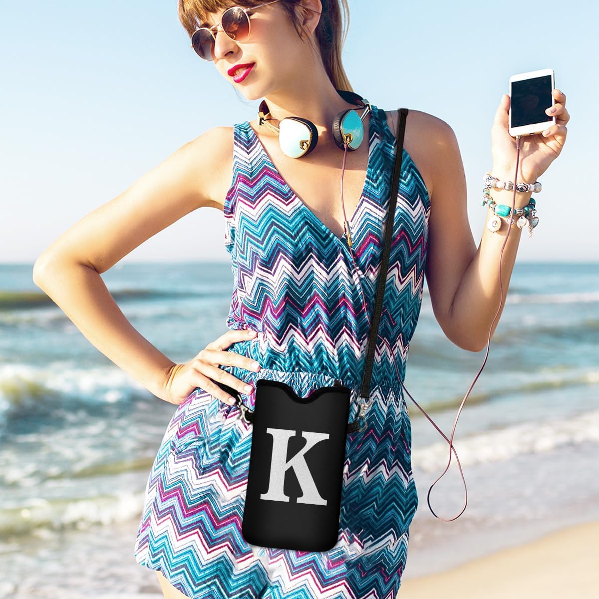 Men Women Universal Neoprene Cell Phone Pouch Sleeve 7.5 X 4.3 in Smart Mobile Protection Case Bag with Crossbody Strap/Neck Lanyard Privacy Case Covers Letter K - Image 2