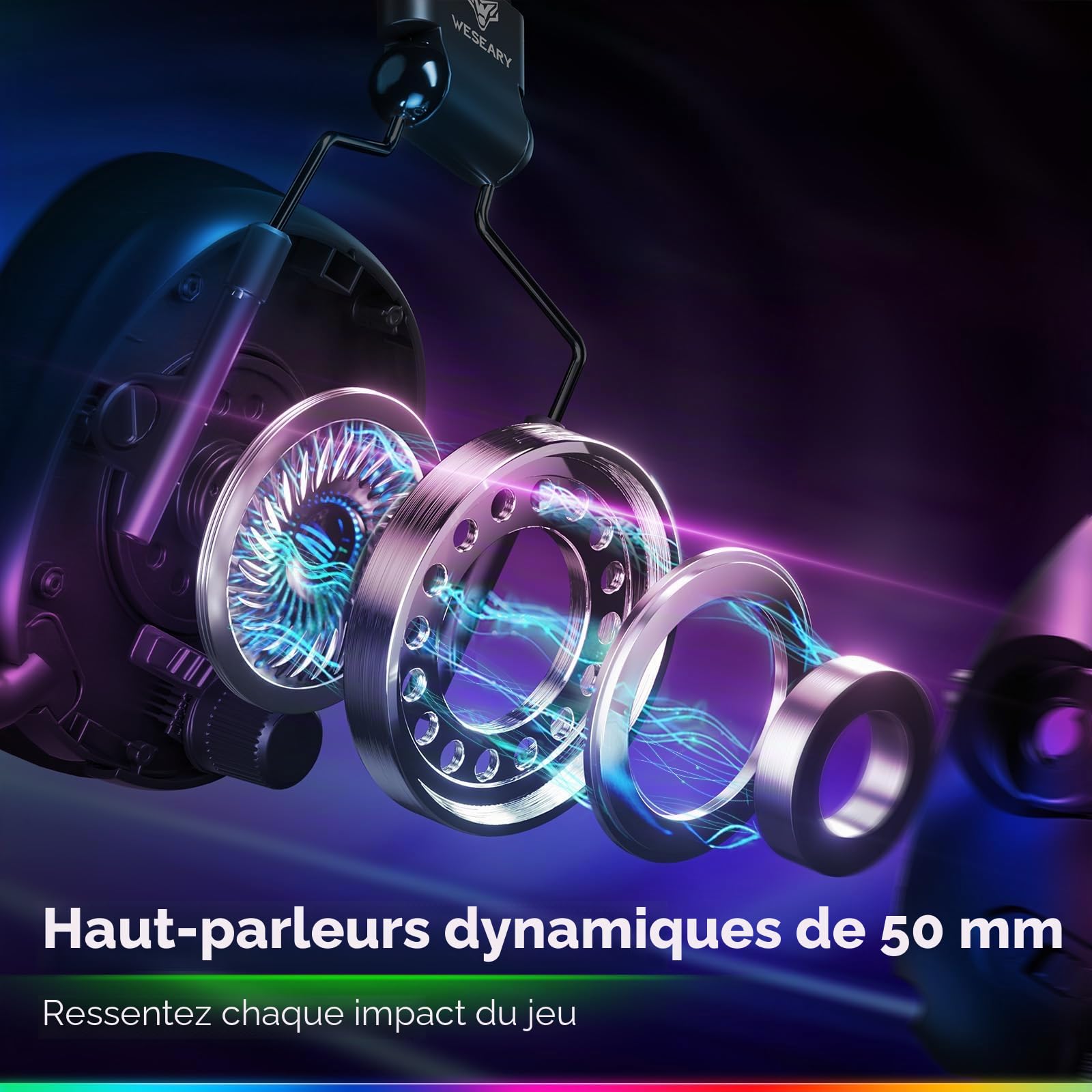 WESEARY WG2 Casque Gaming sans Fil, 2,4 GHz Casque Bluetooth sans Fil avec Micro pour PS5, PS4, PC, Switch, Mac, Mobile, Casque Gaming Pliable avec Son Stéréo et Éclairage LED, Batterie de 50h