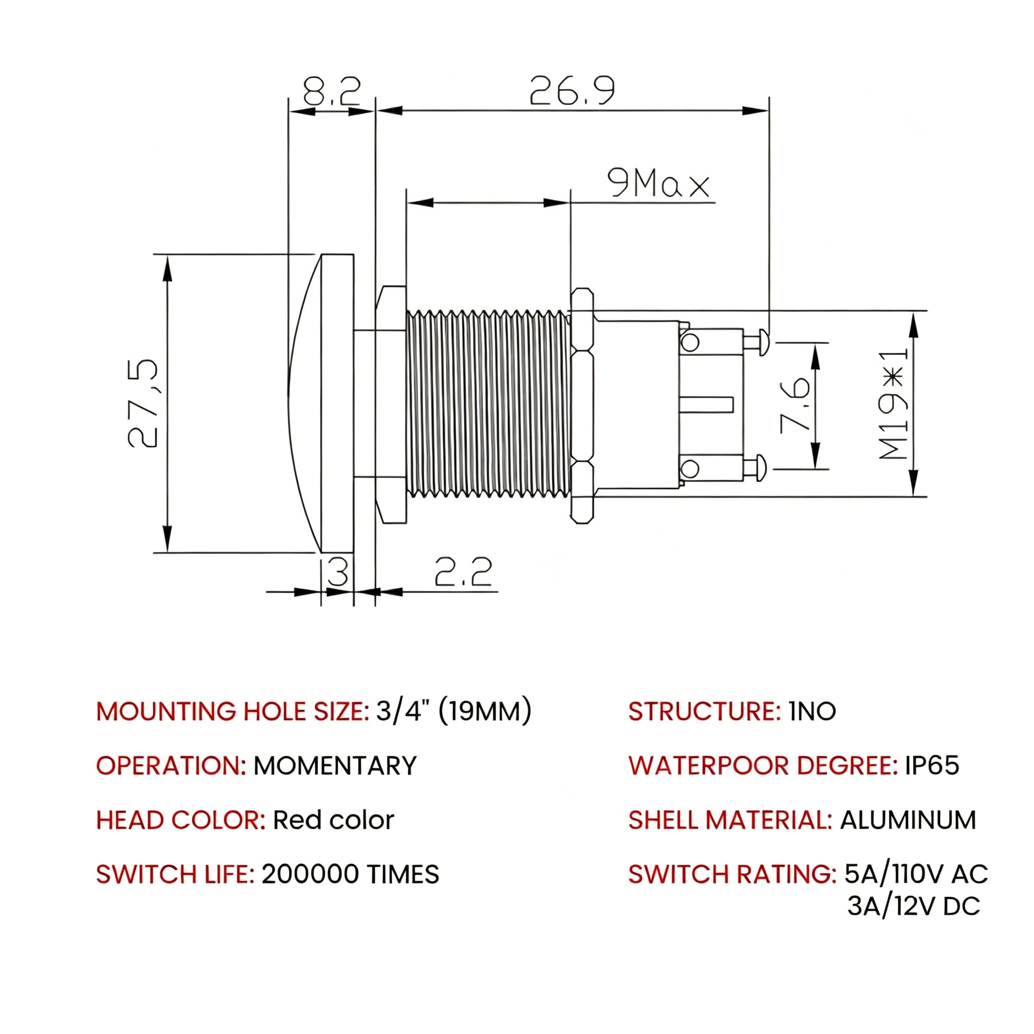 GUUZI 19mm 3V/6V/12V/24V/48V/110V/220V Chwilowy Przycisk Metalowa Główka Grzybkowa Okrągły Przycisk Start 1No On Off Samoczynny Reset Kopułkowy Zacisk Śrubowy (Czerwony)