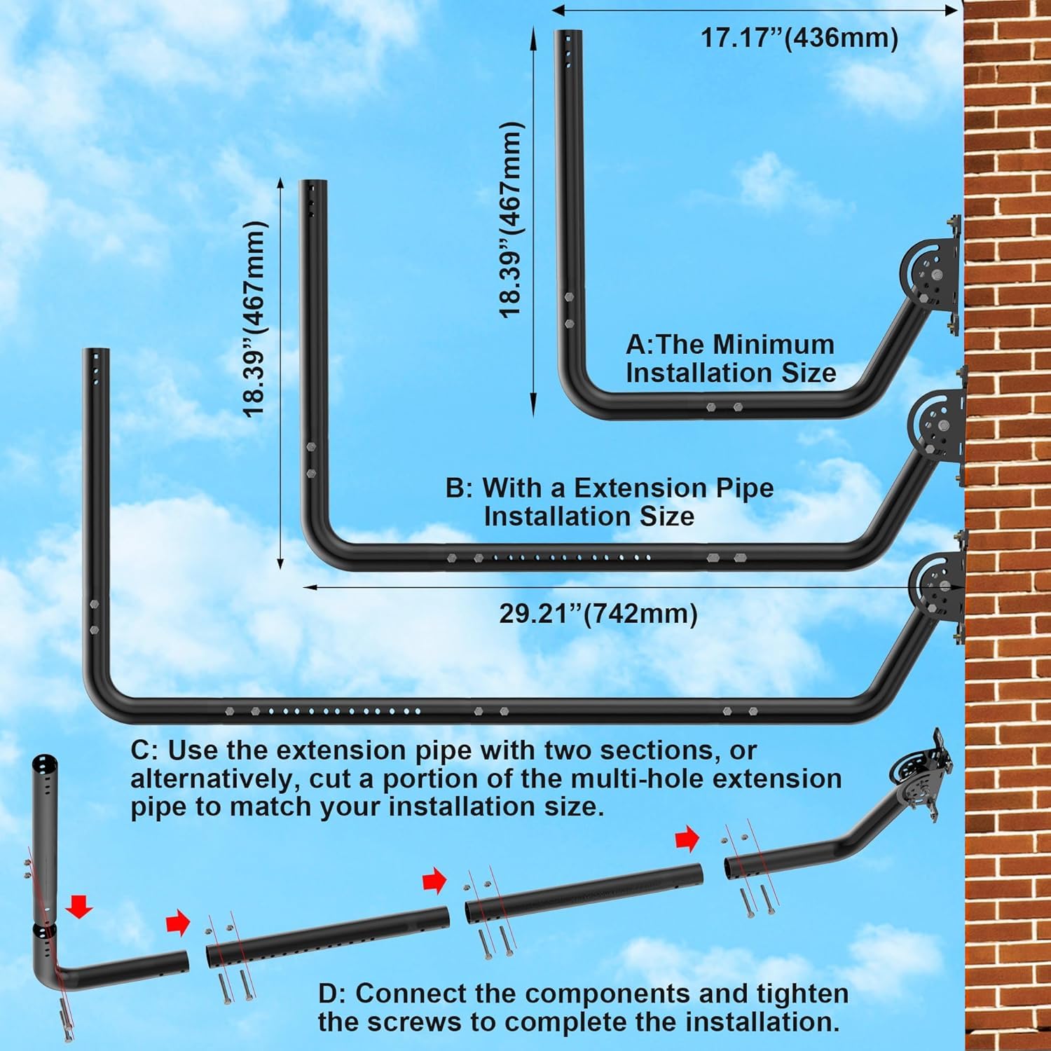 Soporte de montaje para antena de pared larga - Base de montaje para poste de canalón largo, incluye codo de 90°, tubo de extensión, adaptador de conexión y tornillos (negro)