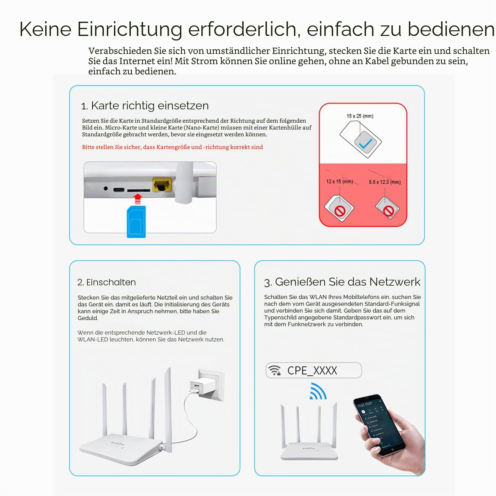 5M 4G LTE Mobiler WLAN-Router, 300 Mbit/s Kabelloser WLAN-Hotspot mit SIM-Karte, 4 5-dBi-Antennen, USB-Typ-C-Anschluss, 200 Meter Reichweite, 10 Bis 20 Geräte Anschließbarer