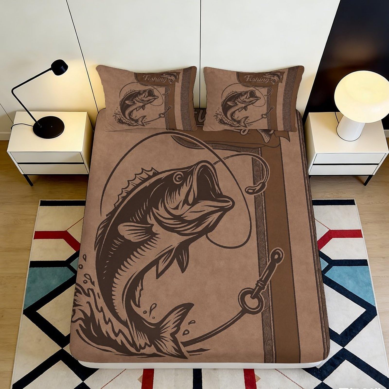 3D Printed Brown Jumping Fish Fitted Sheet Microfiber Soft Breathable Fishing Hook Mattress Cover for Bedroom Dorm Decor Protection 90x200x25cm