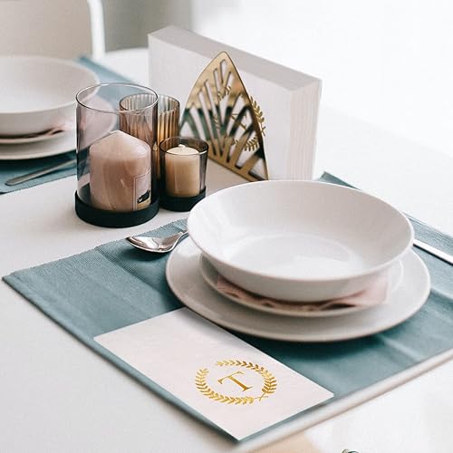 Miniatura 6 de Paquete de 200 servilletas desechables con monograma de lámina dorada con letra T, servilletas de mano desechables con inicial, para boda,