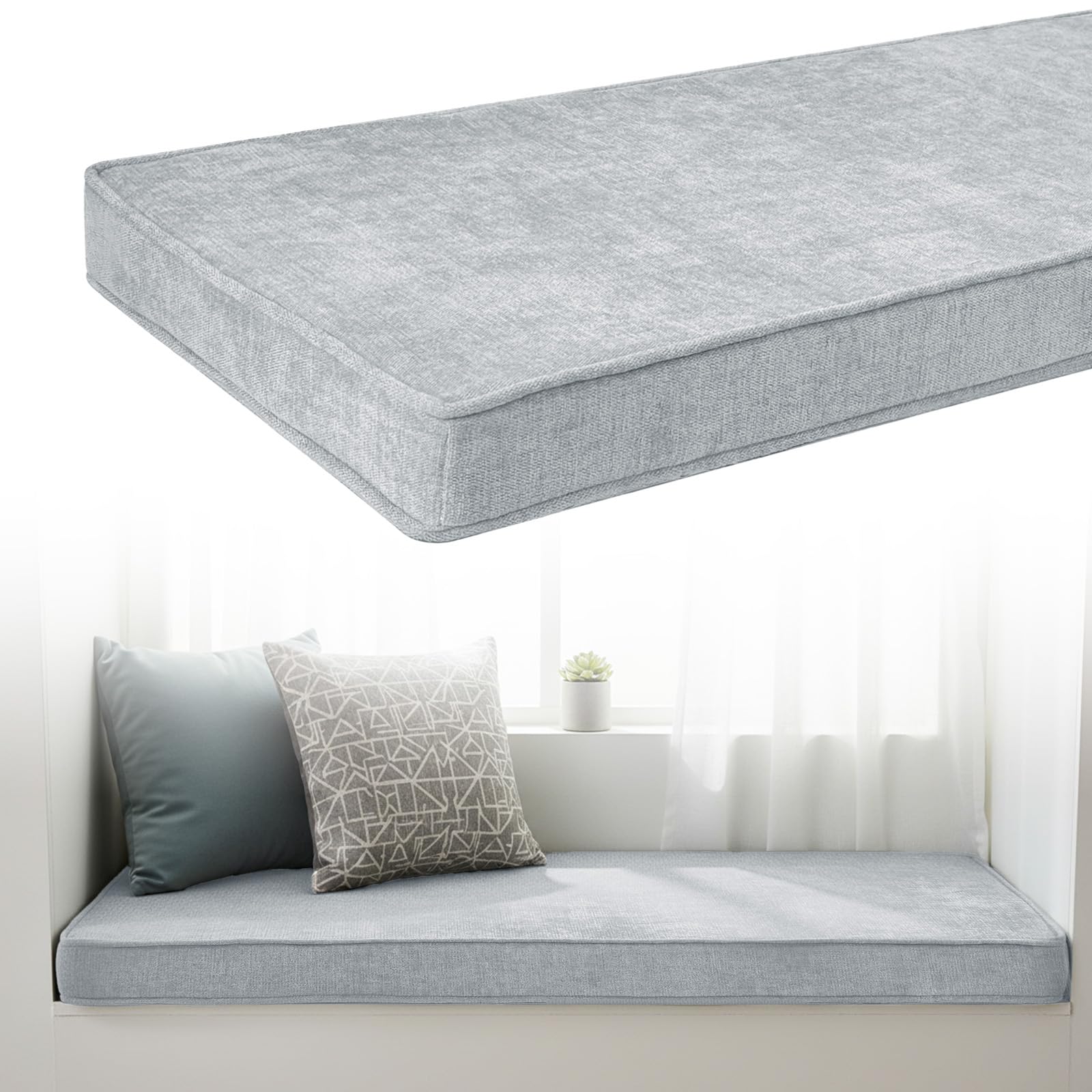 Chenille Bench Cushion 5cm Thick, Anti-Slip Bay Window Seat Pad 180x50x5cm