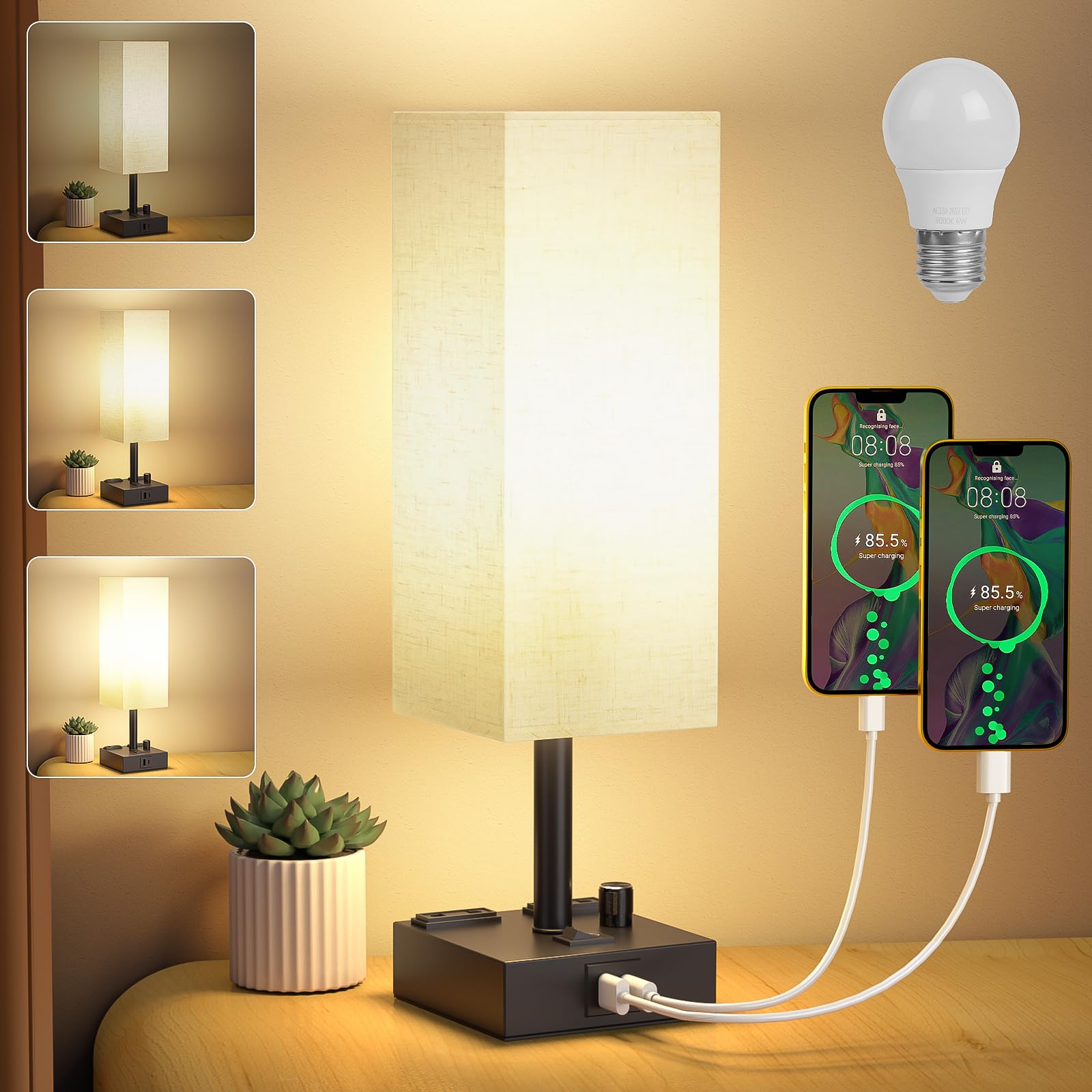 Lureshine Lámpara de mesilla de noche de brillo regulable, Lámpara de mesa regulable con pantalla de lino, Lámpara de mesilla de noche multifuncional, Lámpara de lectura, Blanco cálido, 1 pieza