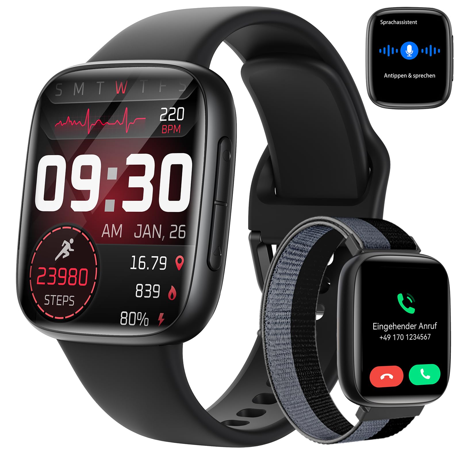 Smartwatch Damen Herren, 1,85″ AMOLED Touchscreen, Fitness Tracker mit Bluetooth Anrufen & KI, Herzfrequenz, SpO2, Schlaf- & Frauenzyklus-Tracking, 100+ Sportmodi, 3ATM Wasserdicht für iOS & Android