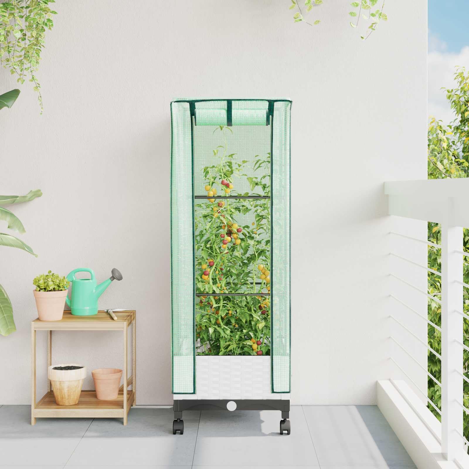 Weißer Gartenplanter mit Gewächshausabdeckung und Rädern aus PP