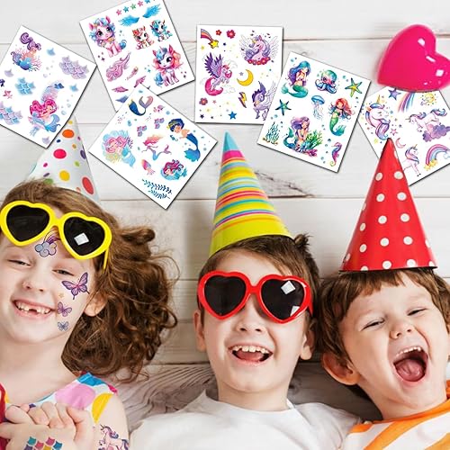 Miniatura 6 de CHARLENT Tatuajes de sirena de unicornio con purpurina para niñas, 12 hojas de tatuajes temporales de unicornio de sirena con purpurina para niñas,