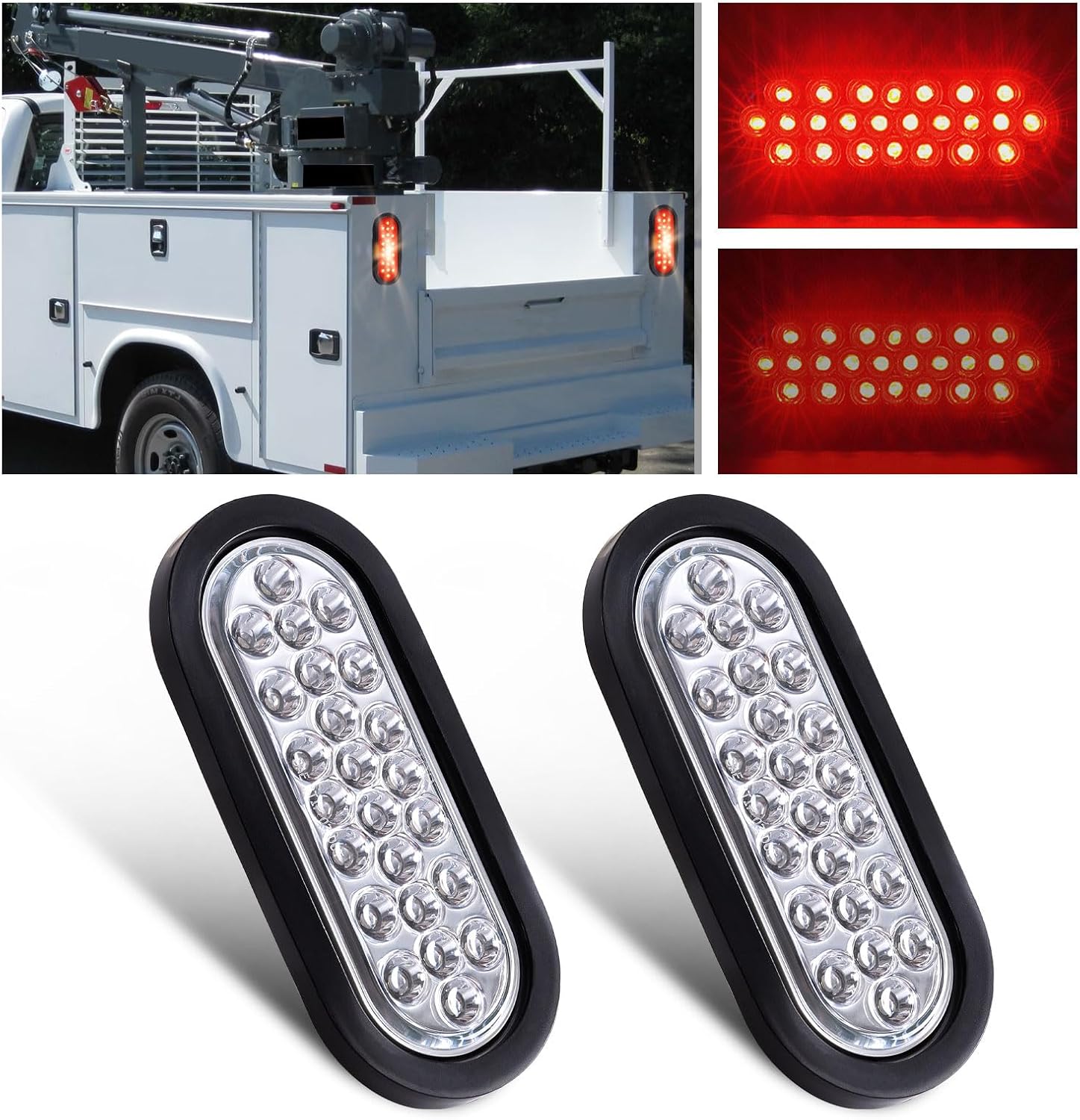 2PCS 6 Inch 24 LED Oval Reverse Backup Turn Tail Fog Marker Lights Upgraded 24 LED Red, Flush Mount, Clear Lens Rubber Grommet IP67 Waterproof for DC 12V Truck Submersible Boat Trailer Light