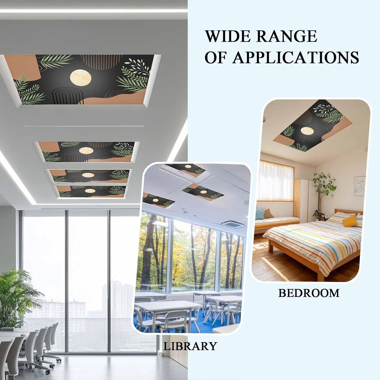 2x4 ft Fluorescent Light Cover for Ceiling Boho Leaf Arch Moon Magnetic Light Filters, Mid Century Vintage Brown Ceiling Lampshades for Home School Office 3Pcs