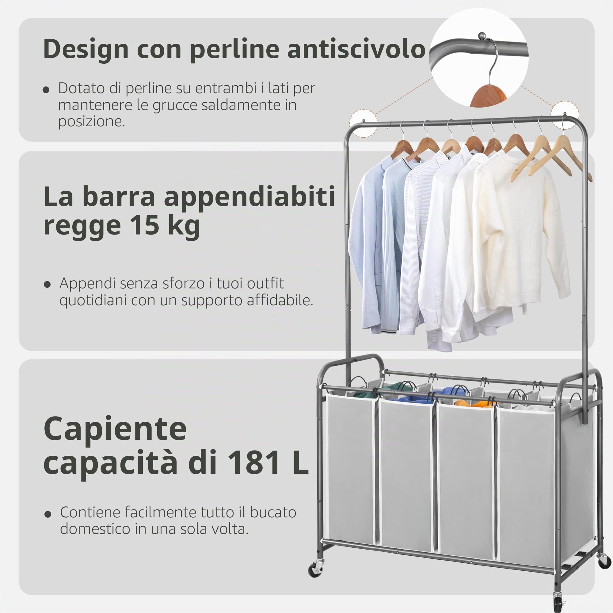 STORAGE MANIAC Carrello portabiancheria con barra sospesa, portatile, rimovibile, con ruote bloccabili resistenti e borse rimovibili, organizer per biancheria da 181 l, 4 sezioni