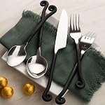 20pc Matte Black Cutlery Set, Forged 18/10 Stainless Steel | Hand-bent treble clef handle, forged matte black oxidation, won't peel/chip,18/10 SS, 20pc set 4, DW safe, 15yr warranty
