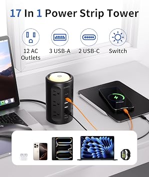 2 Pack Night Light Surge Protector Power Strip Tower