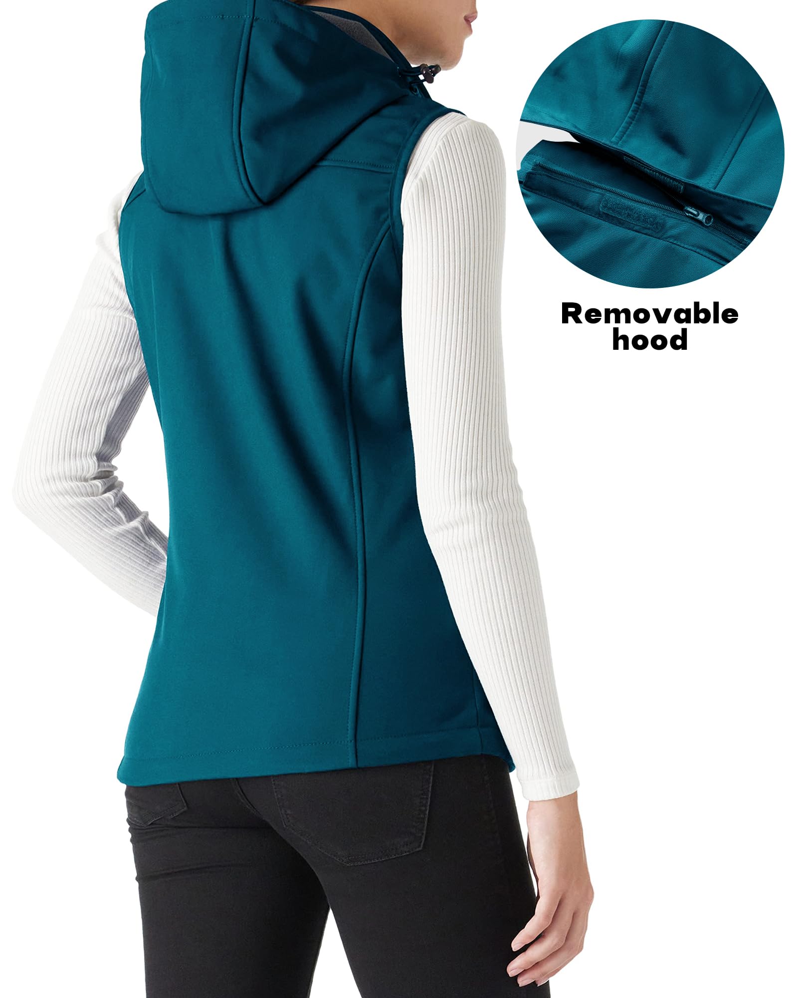 Outdoor Ventures Gilet da donna con cappuccio, leggero, in softshell, antivento, foderato in pile, senza maniche, per golf, corsa, viaggi