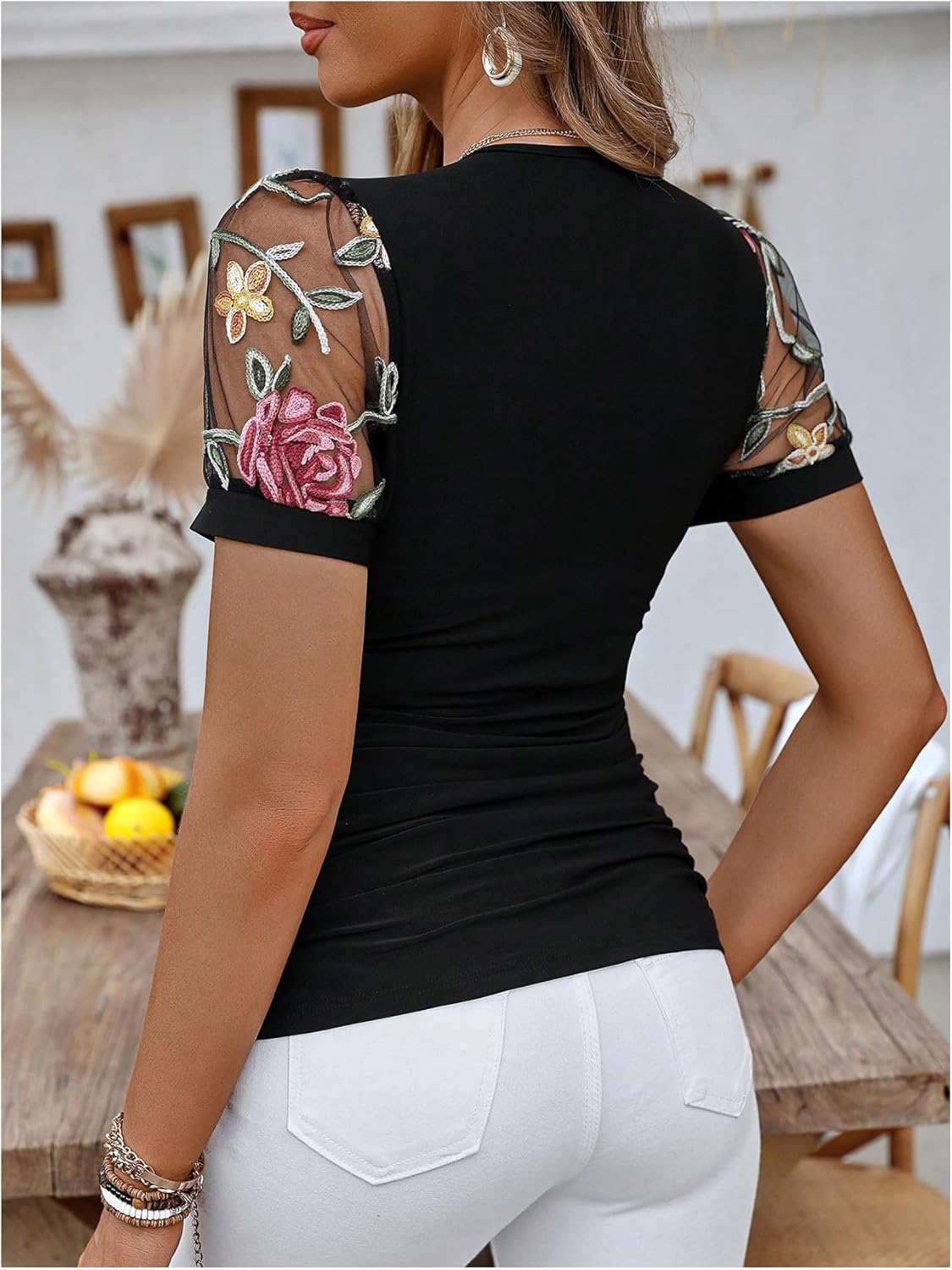 WDIRARA Women's Floral Embroidery Deep V Neck Mesh Short Sleeve Top Ruched Slim Fit Tee - Image 2