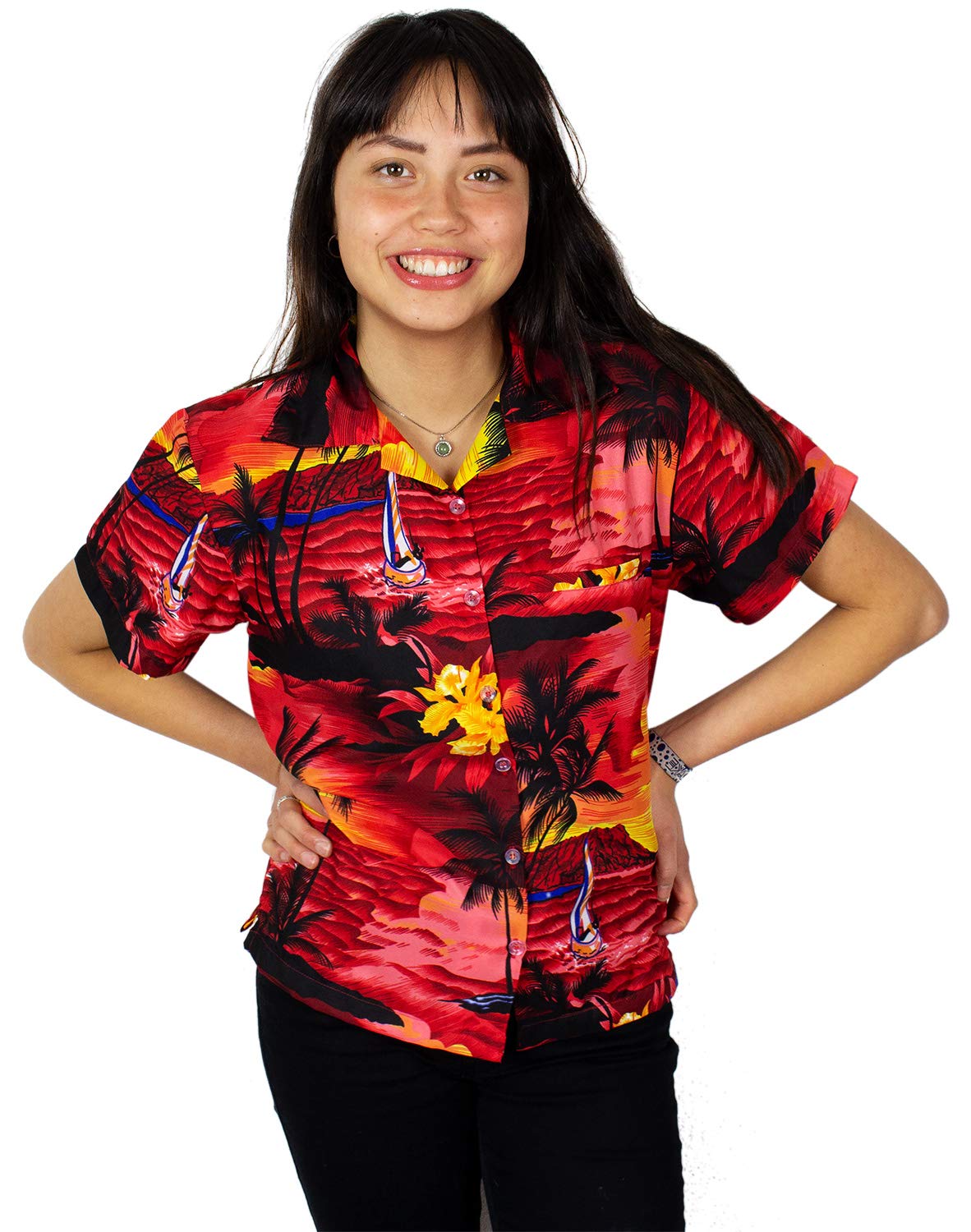 King Kameha Women's Surf Red Funky Hawaiian Blouse Shirt, Shortsleeve, Surf, Red, S
