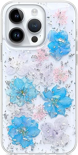 Miniatura 9 de Abbery Funda transparente para iPhone 14 con diseño de flores reales prensadas, purpurina y brillo dorado, bonito patrón floral de margaritas Dorado