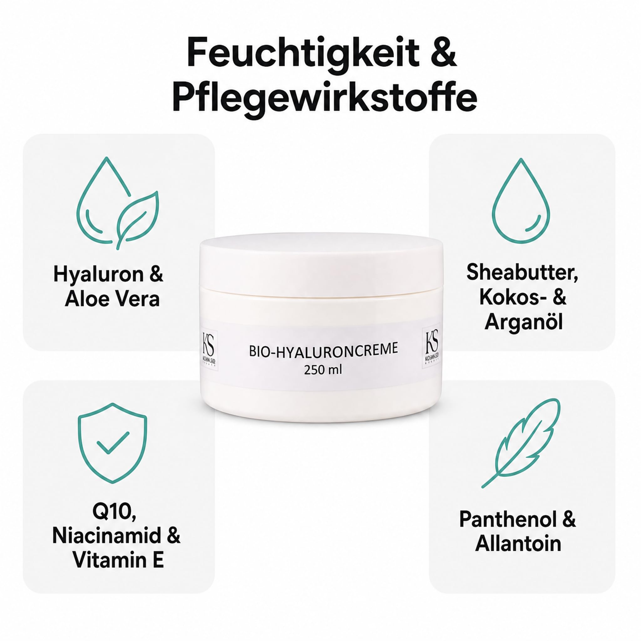 KS Beauty Bio Hyaluroncreme, Tages- & Nachtcreme für trockene Haut, 250 ml | Reichhaltige Feuchtigkeitscreme mit Hyaluronsäure, Q10, Niacinamid & Aloe Vera – dermatologisch getestet, Made in Germany