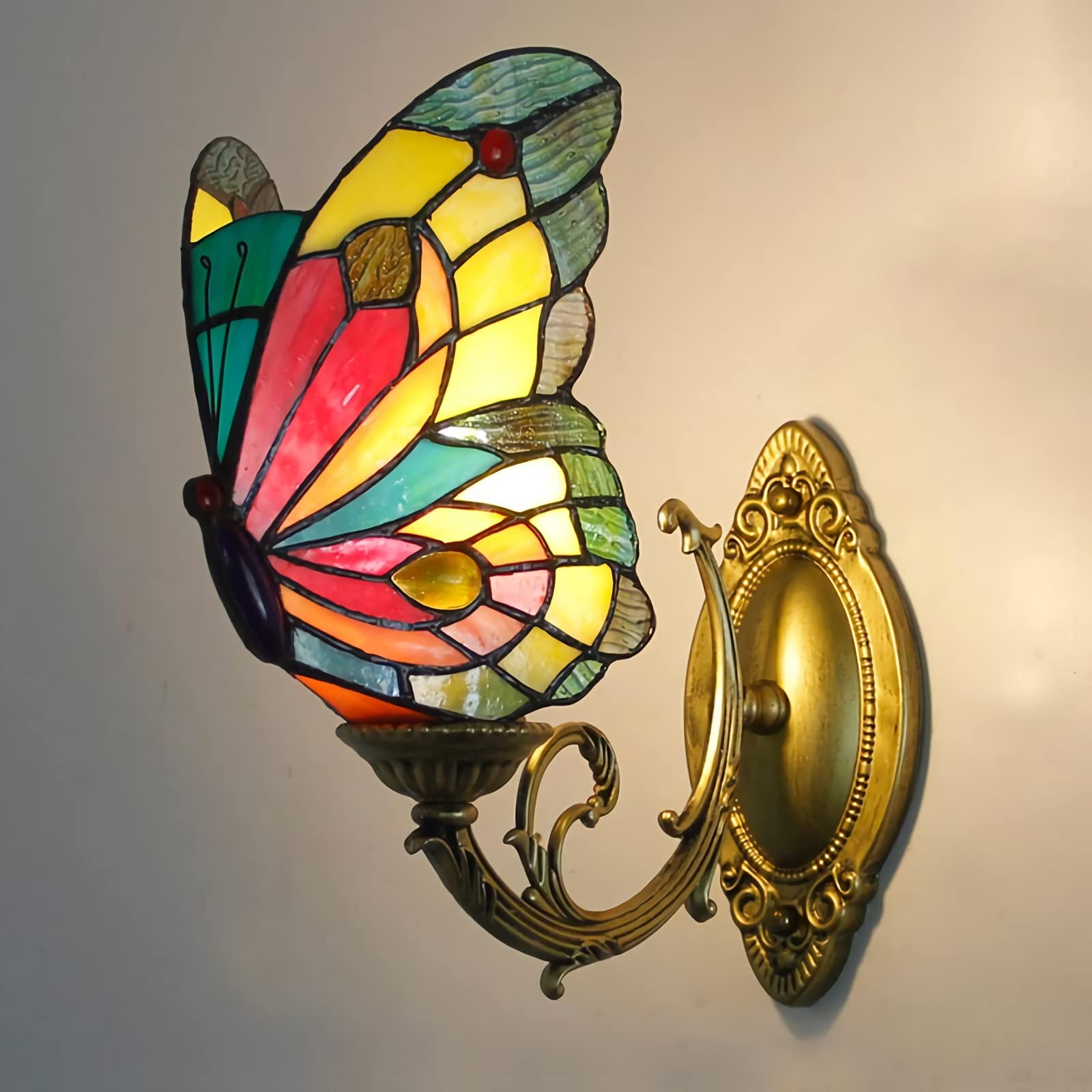 Lámpara de pared mariposa vitral multicolor para iluminar pasillos oscuros y baños pequeños