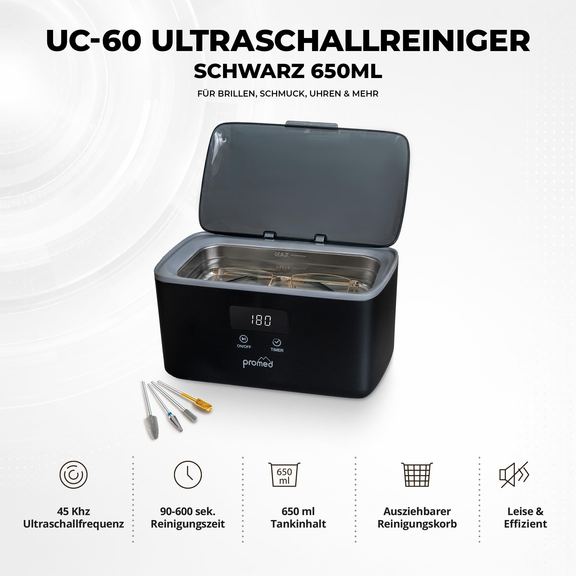 Promed UC-60 Pulitore a Ultrasuoni Nero 650 ml 45 kHz – Vasca Ultrasuoni 50 W, Pulitore Ultrasuoni per Occhiali, Gioielli, Orologi, Apparecchio Denti e Protesi Dentarie, 5 Timer, Ultrasonic Cleaner