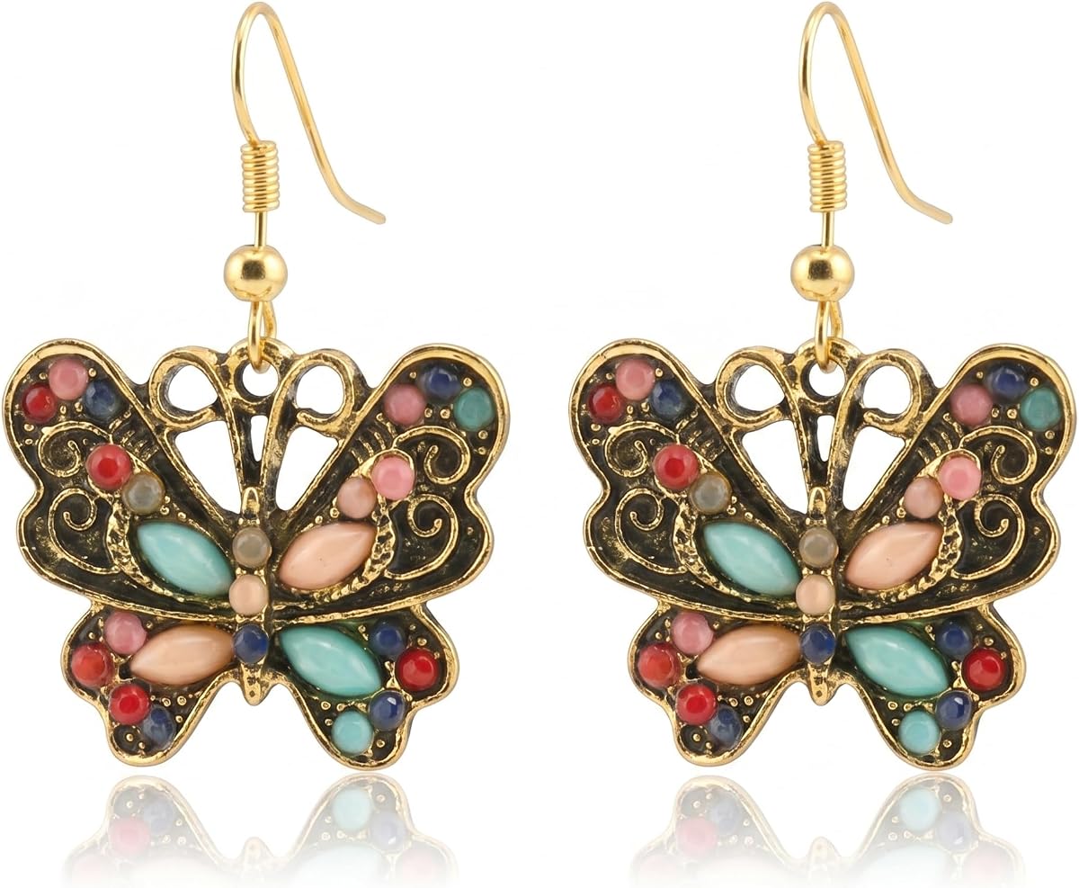 Colorful Enamel Butterfly Dangle Earrings, Gold Fishhook Gifts for Women | Realistic/Lightweight