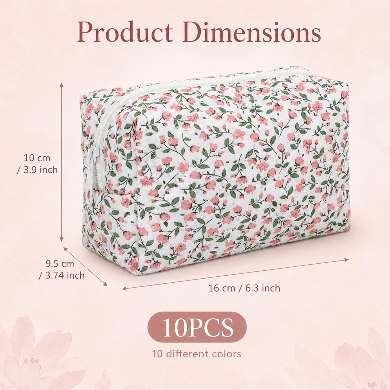 10 Pcs Cotton Floral Quilted Makeup Bags, Floral Cosmetic Pouch Gingham Make up Bag, Aesthetic Cosmetic Bags Portable Florals Makeup Pouch with Zipper Cotton FloralCosmetic Bag for Women Travel Gifts
