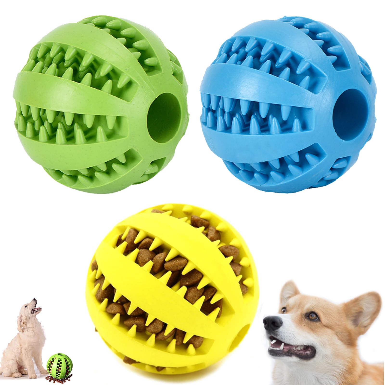 3-Pack Dog Treat Dispenser Balls (7cm) –Pets Dog Treat Toy Ball, Interactive Pet Toys, Dog Treat Ball Dispenser, Tough Teeth Cleaning Chew Ball for Medium/Large Dogs – Slow Feeder & Gum Massage