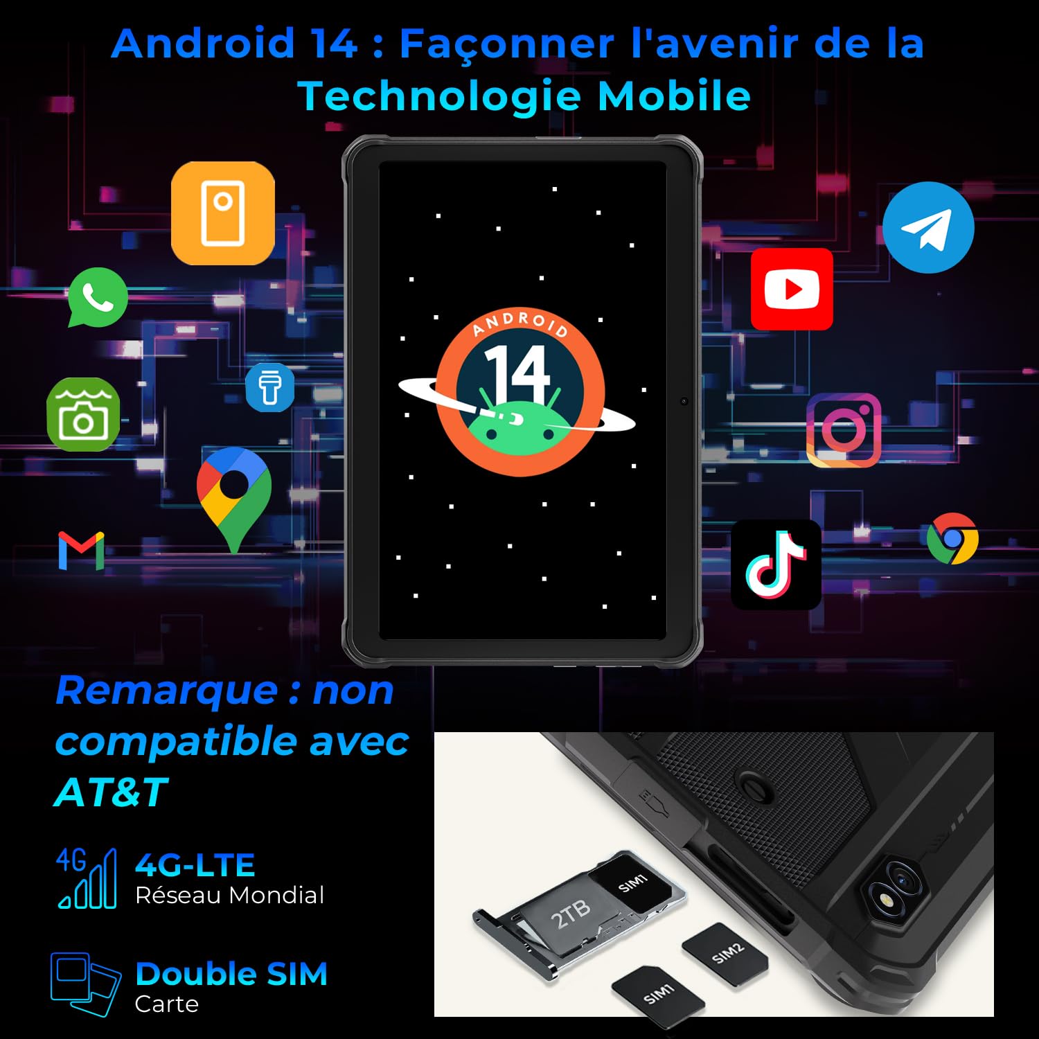 HOTWAV R8 12Go+128Go/TF 1To 10800mAh 10.1" Android 14 Tablette Incassable | 13MP+5MP Caméra HD+ Octa-Core Tablette Chantier, Dual SIM/4G/WLAN 5GHz/IP68&IP69K/Face ID/GPS/OTG, Noir
