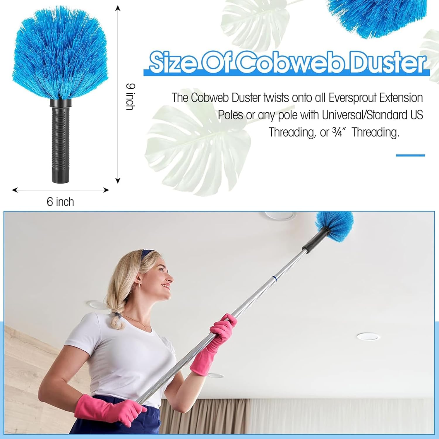9 Pieces Twist on Cobweb Duster Bulk for Cleaning Company Cleaning Spider Web Remover Brush Cobweb Duster Head Attachment Fits Standard Threaded Poles, No Pole, Medium Stiff Bristles, Blue