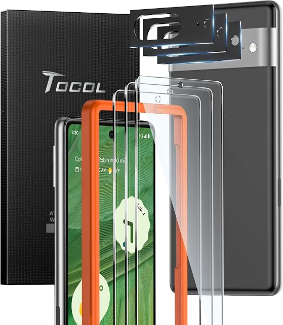 TOCOL 6 Pack Compatible with Google Pixel 7, 3 Pack Tempered Glass Screen Protector and 3 Pack Camera Lens Protector, [9H Hardness] [HD Clear] [Bubble Free] Touch Sensitive Easy Installation