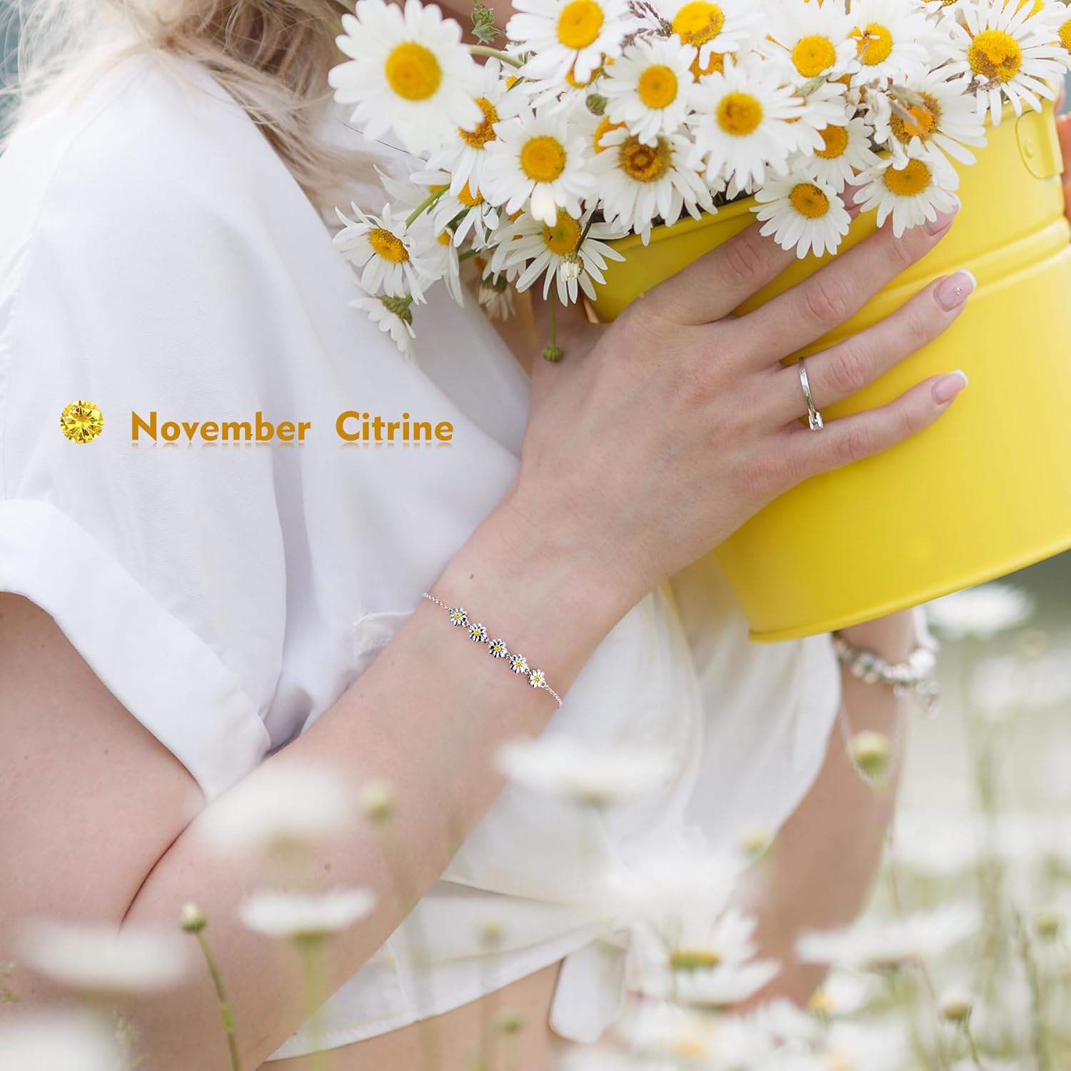 Daisy Bracelet For Women, Sterling S925 Silver Dainty Bracelets For Daughter, Birth Flower Birthstone Bracelets