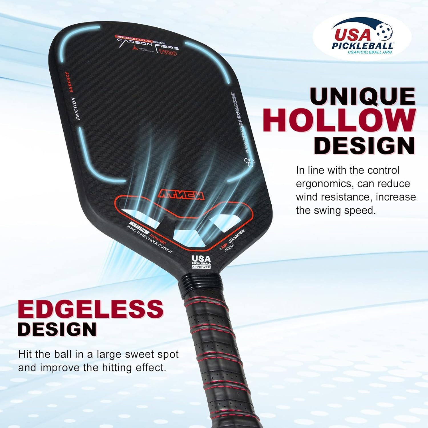 Pickleball Paddles T700 3K Carbon Fiber Picklebll Paddle with Aero Throat Edgeless Designed 16MM Thermoformed Pickleball Racket USAPA Approved - Image 2