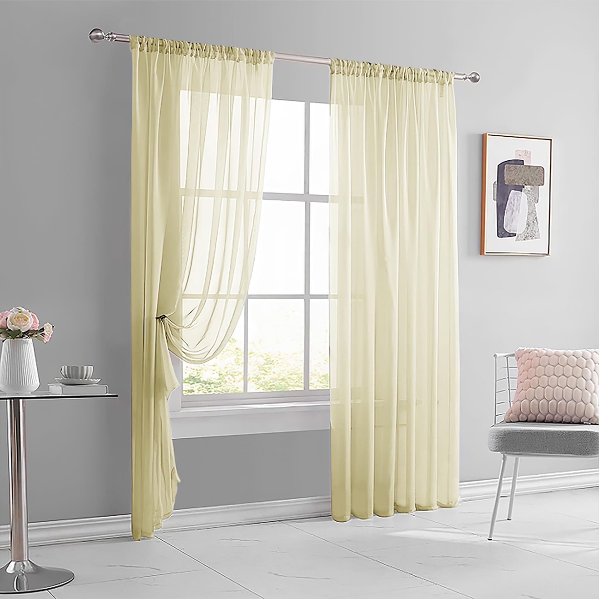 AMZYU Voile Curtains for Living Room 210 x 130 cm Light Filtering Sheer Window Curtains Airy & Lightweight Elegant, Machine Washable for Bedroom and Kitchen, Beige