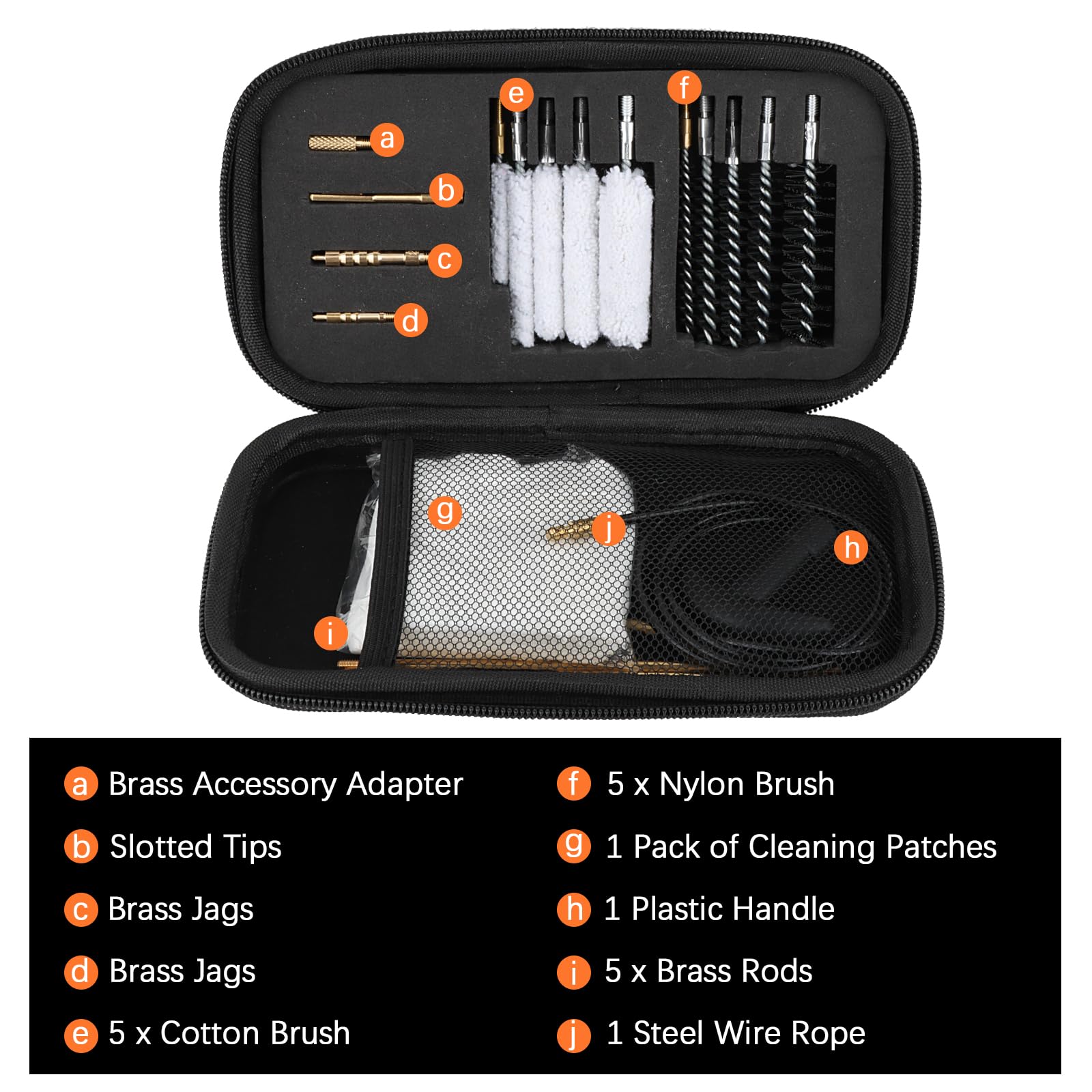 Kit di pulizia per armi FOCUHUNTER per calibri 4,5/5,55/9/12,7 mm, kit di pulizia per pistole 22 in 1 con aste in ottone, spazzola in nylon, mocio, punte scanalate, cavo flessibile