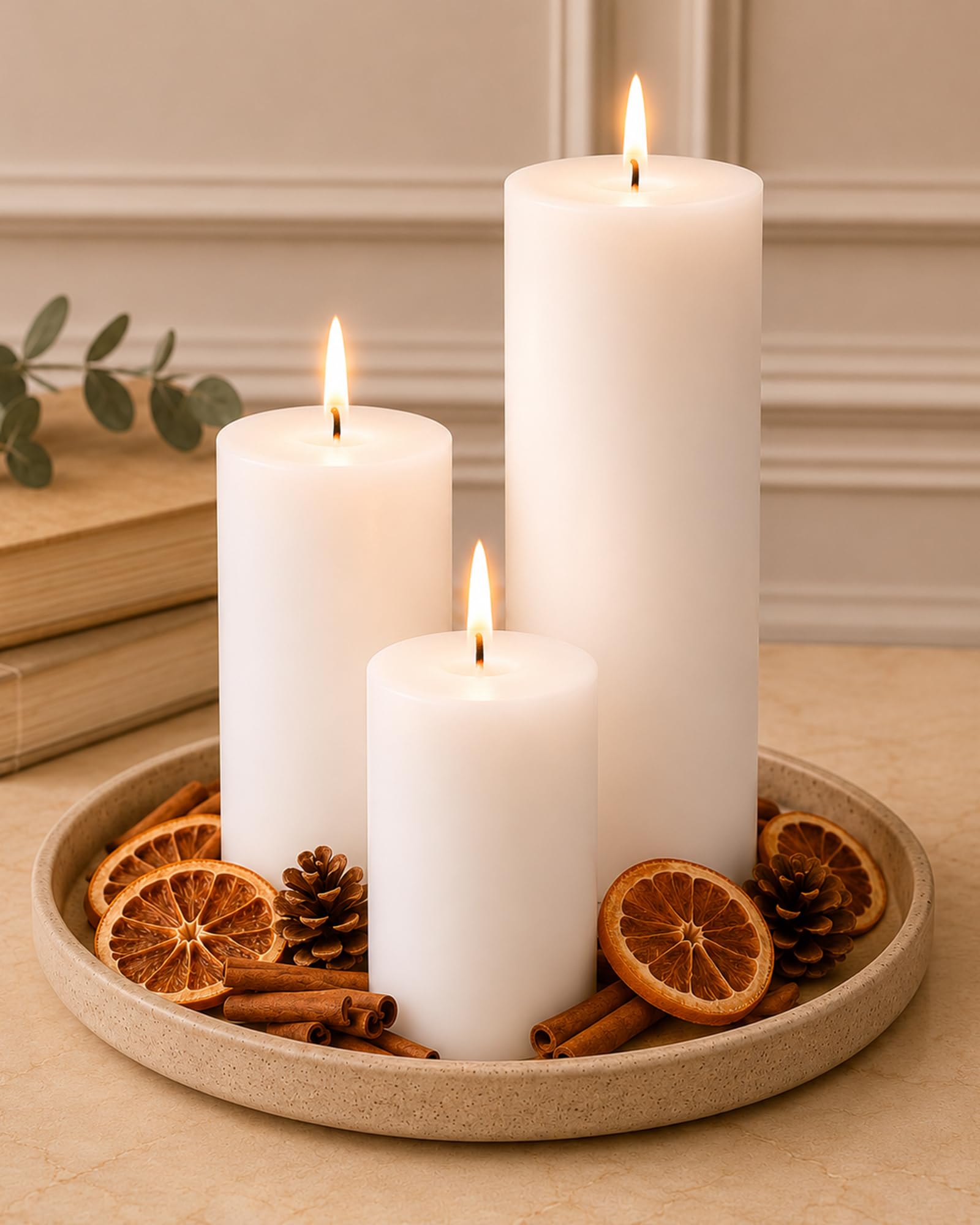 Homesake® Pillar Candles Set of 3, Width 2" High 2" 4" 6" Large Paraffin Soy Wax Pillar Candles Aesthetic Modern Home Decor for Bathroom Living Room Diwali Gifts (White)