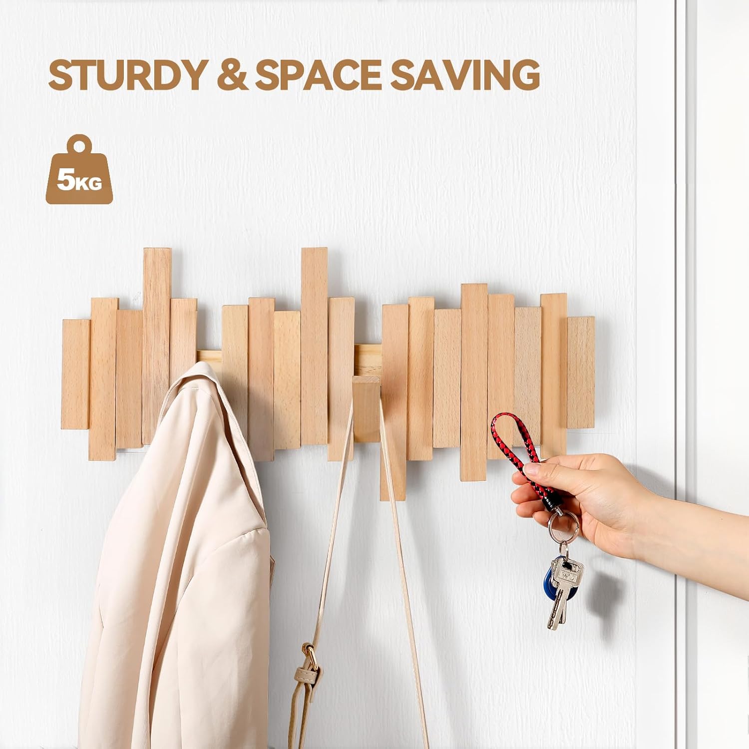 Ufine Wood Wall Mounted Coat Rack with 6 Flip-Down Hooks 16 Inch Wall Hooks for Hanging in Entryway, Bathroom, Home Office