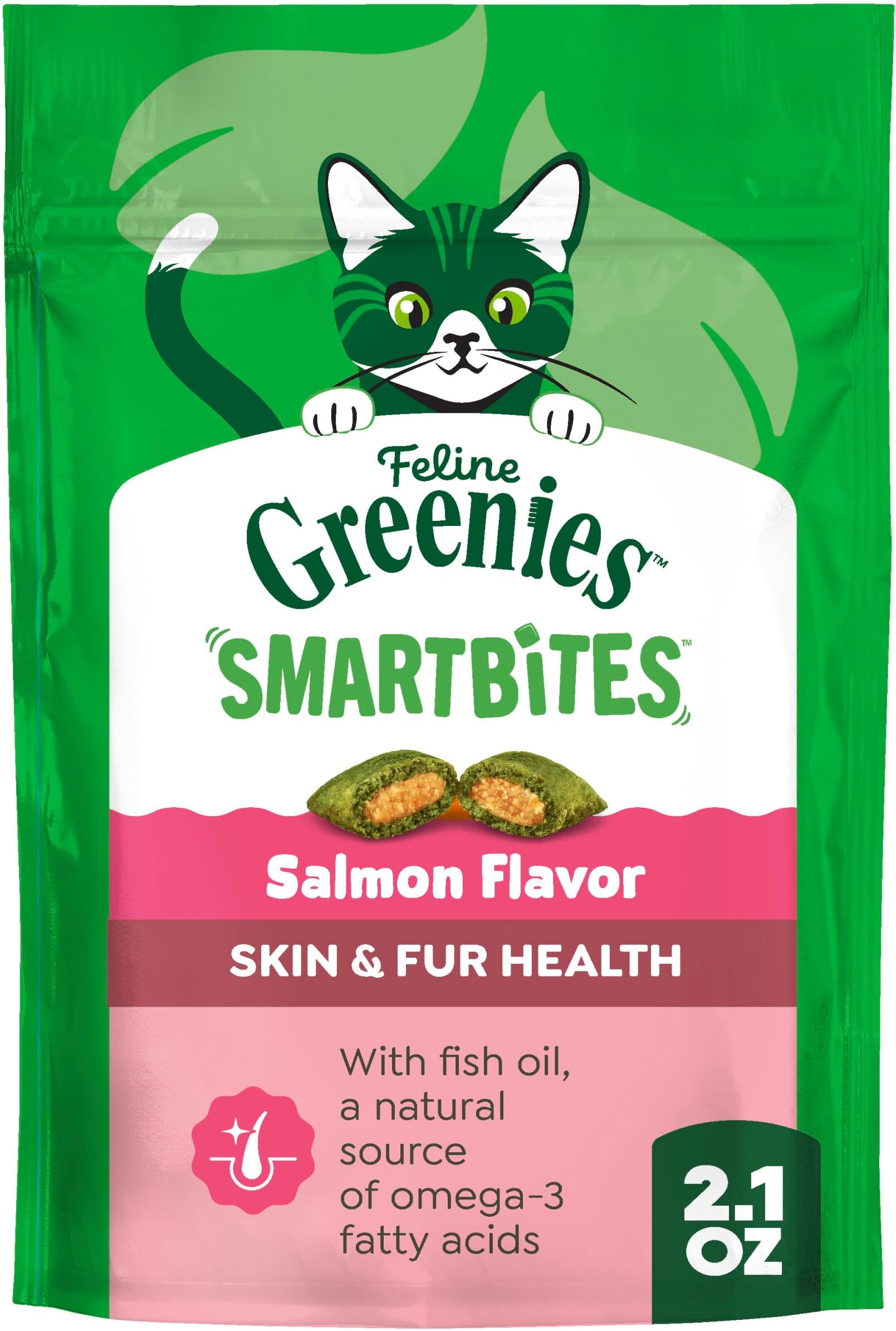 Feline Smartbites Skin & Fur Crunchy and Soft Cat Treats, Salmon Flavor, 2.1 oz. Pack