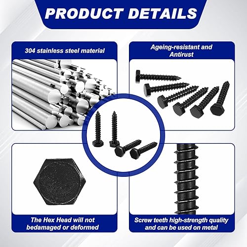 Miniatura 3 de Blulu 60 tornillos de retraso de acero inoxidable 304 para tornillos de cabeza hexagonal de madera, tornillos de cabeza hexagonal de acabado liso