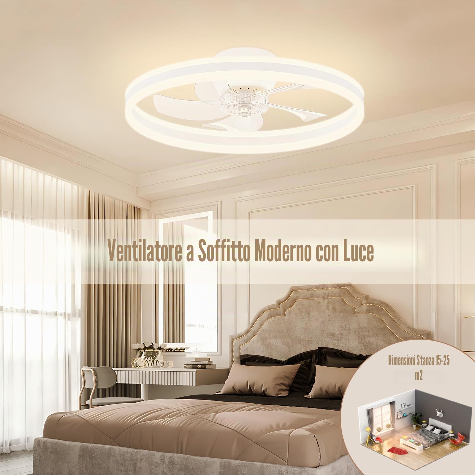 VOLISUN Ventilatore Da Soffitto Con Luce e Telecomando, 6 Velocità E Dimmabile, Lampadario Ventilatore Moderno, Ventilatore Da Soffitto LED Silenzioso Per Camera Da Letto E Soggiorno (Bianco, 50CM)