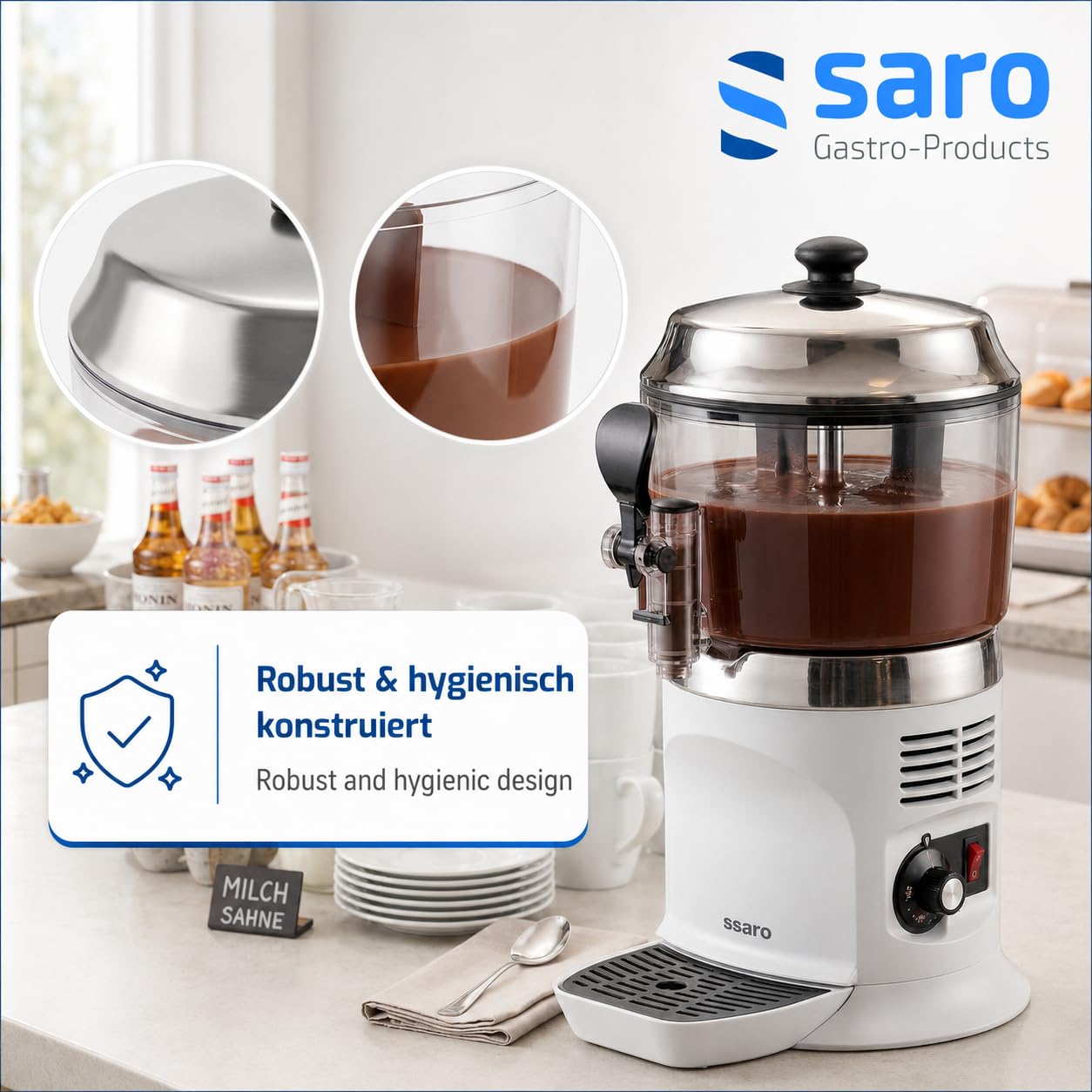 SARO Kakaodispenser – 5 L – Weiß – Rührwerk – Edelstahl-Deckel – Temperatur 30–90 °C – Abnehmbarer Behälter & Zapfhahn – Modell NINA