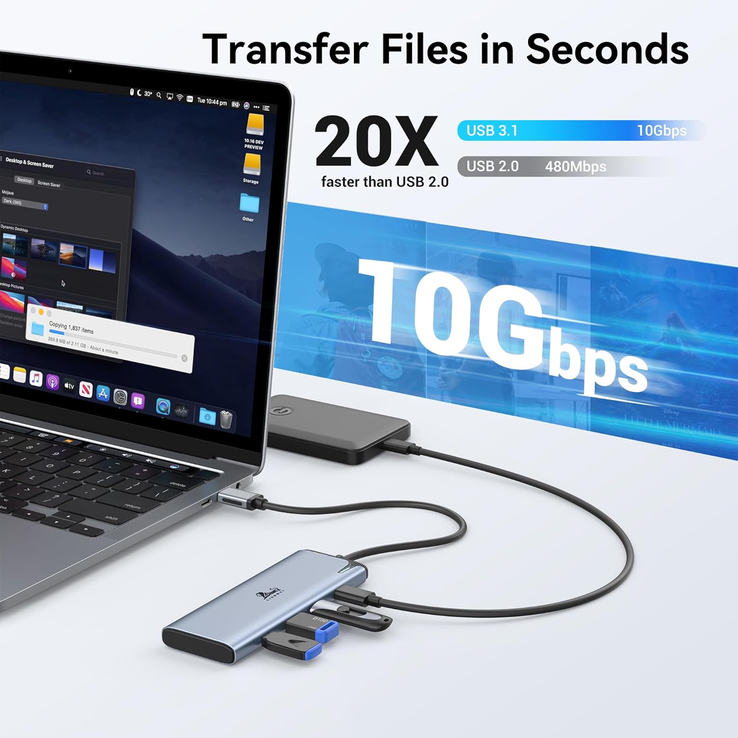 A laptop connected to the LIONWEI docking station, with a USB-C external drive plugged into the hub, illustrating 10Gbps data transfer speed.