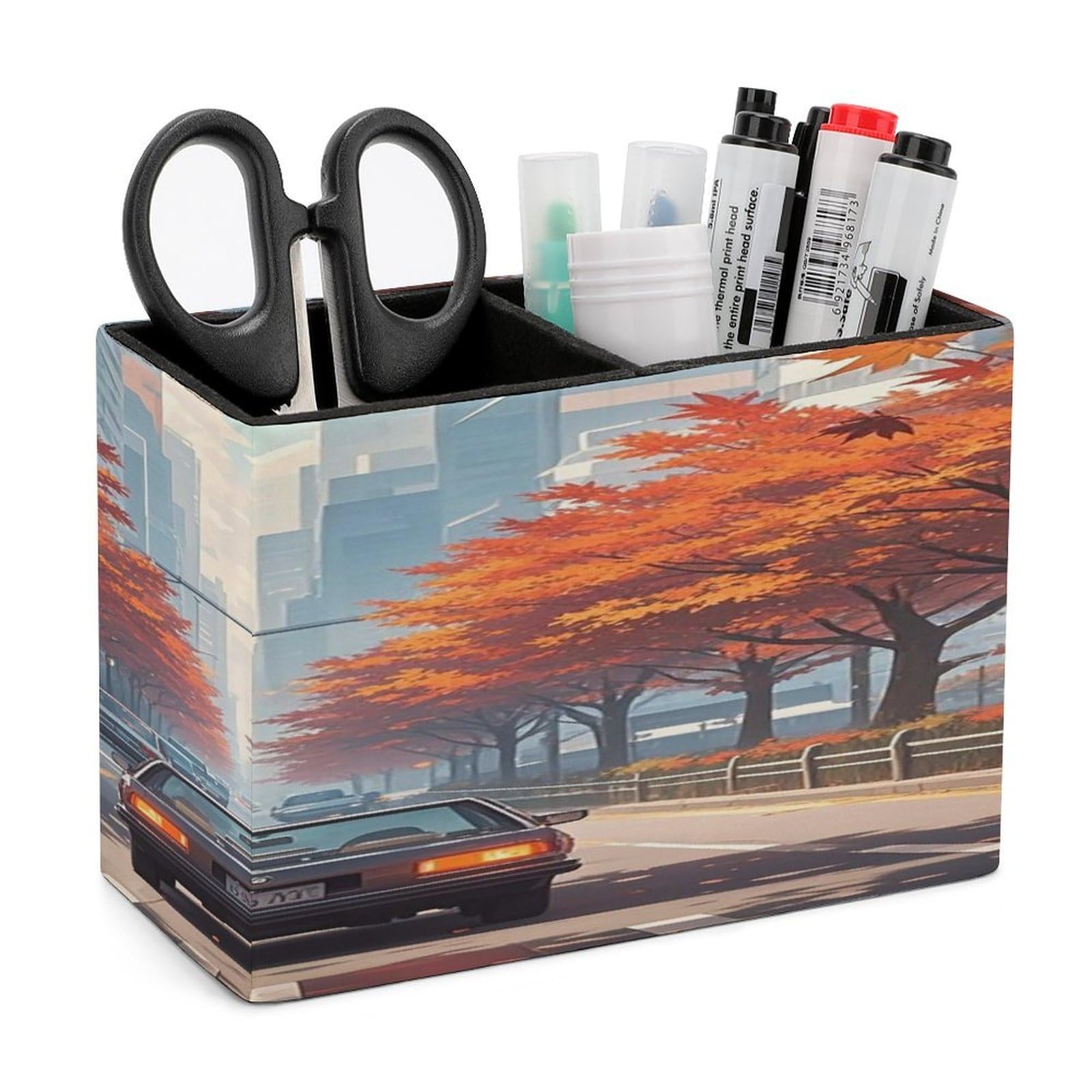 LZQPOEAS Red Maples on The Roadside Leather Pen Holder with 2 Compartments Luxury Pencil Holder Minimalist Pencil Cup Brush Scissor Holders Elegant Pen Cup for Office Home Desk Accessories