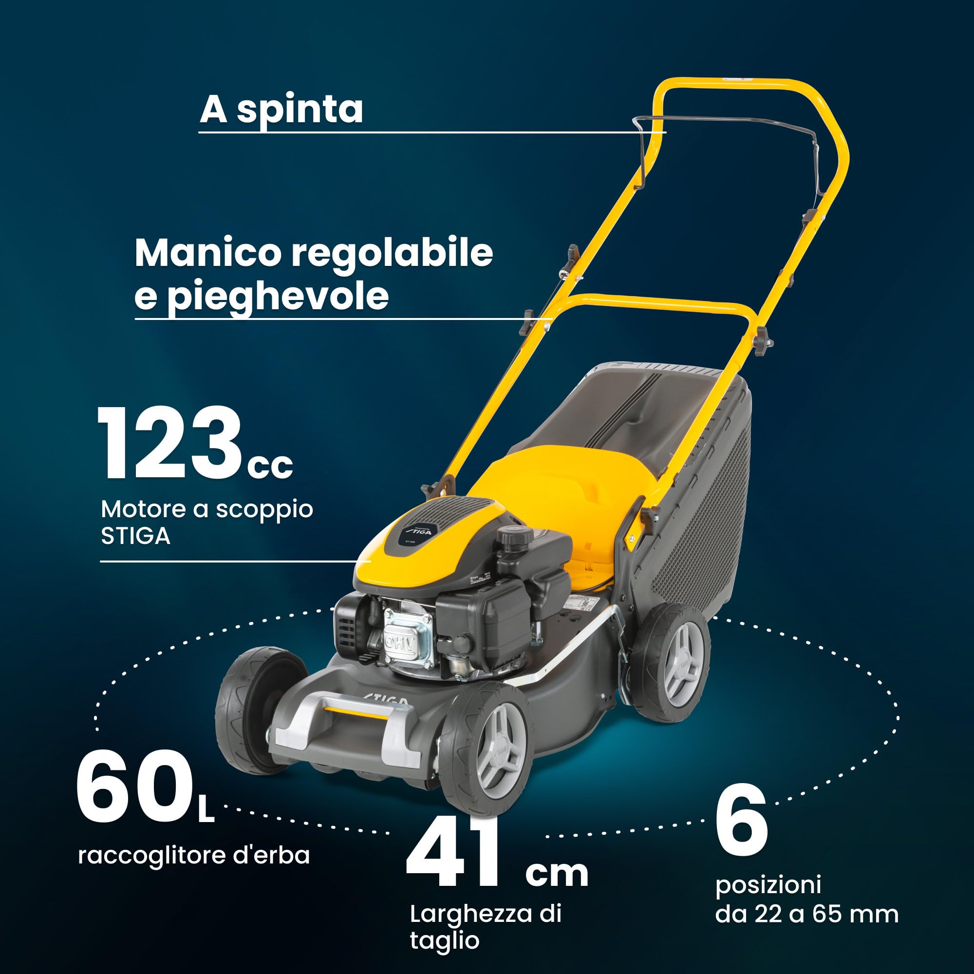 STIGA COLLECTOR 43 - Rasaerba a scoppio 123 cm³ 1,9 kW, larghezza di taglio 41 cm, scocca in acciaio, avanzamento a spinta, regolazione centralizzata dell'altezza di taglio, sacco raccolta da 60 litri