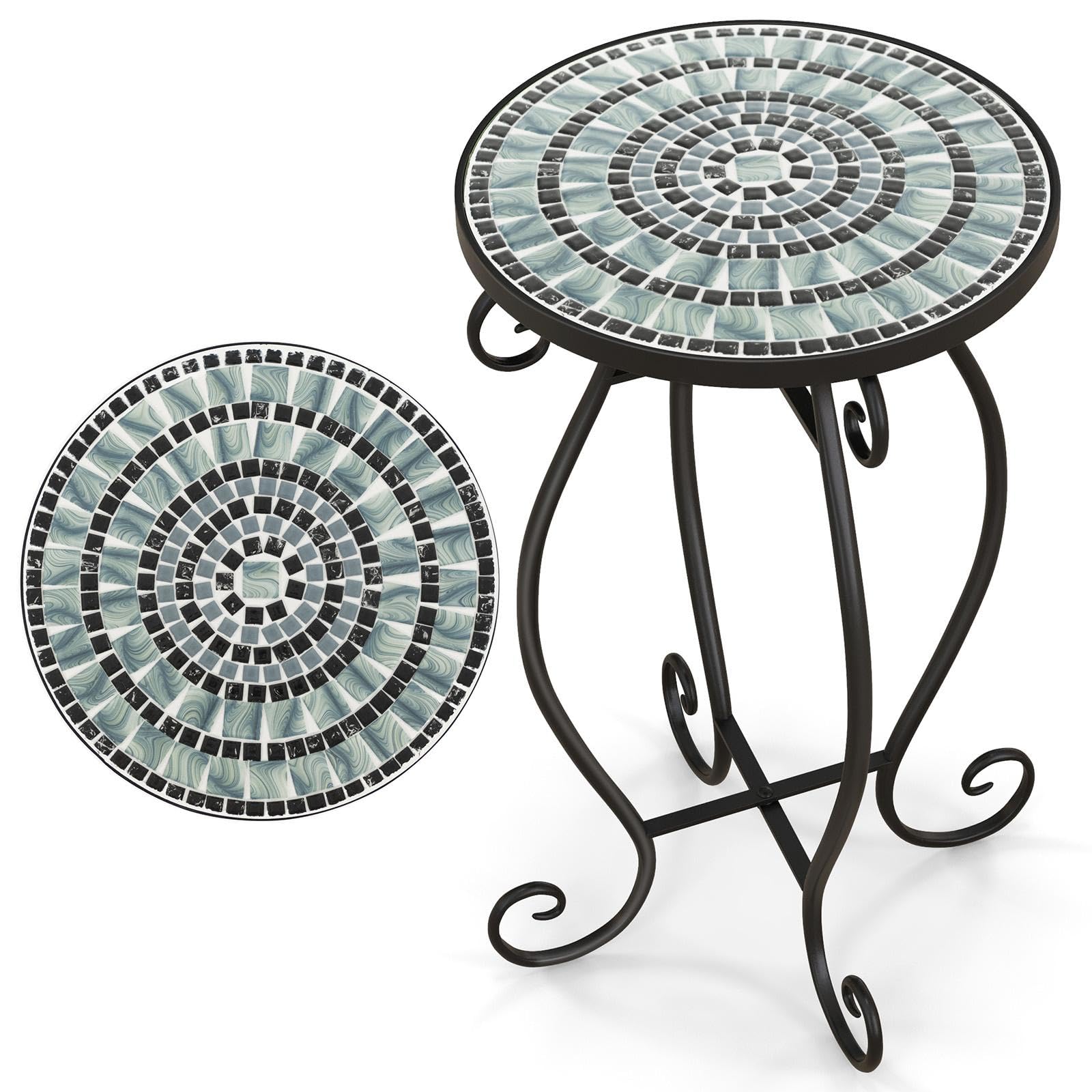 GOPLUS Table d’Appoint en Mosaïque, Table d’Appoint Ronde avec Plateau en Carreaux & Cadre en Métal Robuste, Support pour Plantes, Convient pour Balcon, Terrasse, Jardin, 30X30X50 CM