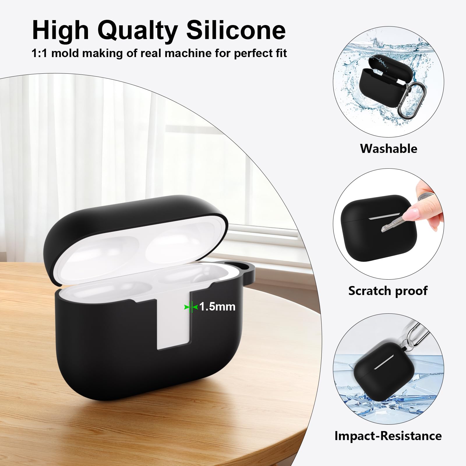 Coque silicone AirPods Pro 3 (2025) protection antichoc avec brosse nettoyage et mousqueton - Noir