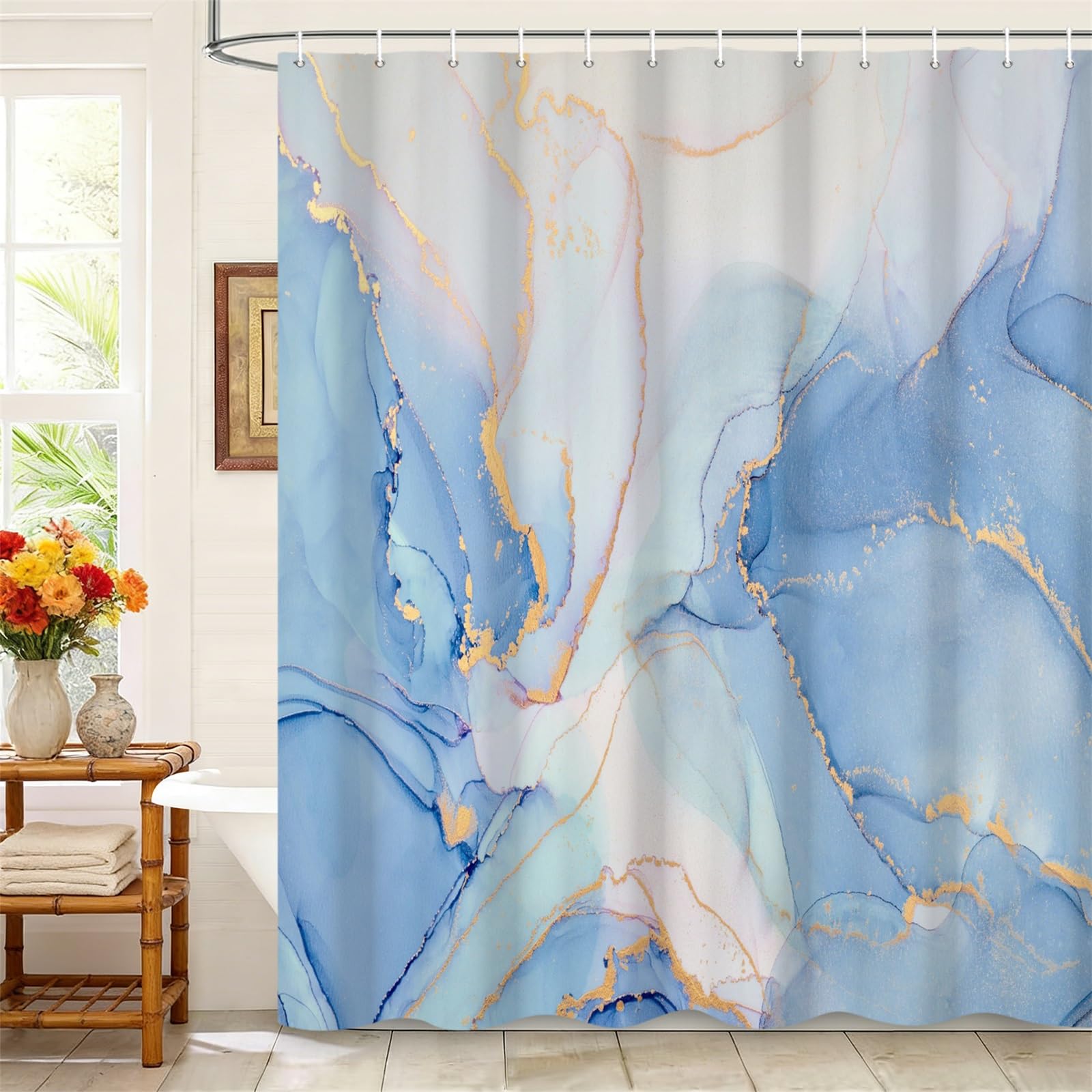 Kzzfqxb 183x183cm Shower Curtains with Plastic Hooks, Waterproof Occluded Light Blue Marble Texture Golden Lines Flowing Mist Art Pattern for Bath, Fresh Polyester Fabric for Bathroom Bathtub