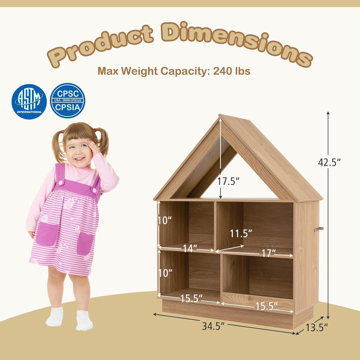 HONEY JOY Toy Storage Organizer, 5-Cubby Wooden Dollhouse Bookcase Cabinet, Toddler Book Shelf, Children Toy Storage Display Chest, Kids Bookshelf for Playroom, Classroom, Nursery, Daycare (Natural)