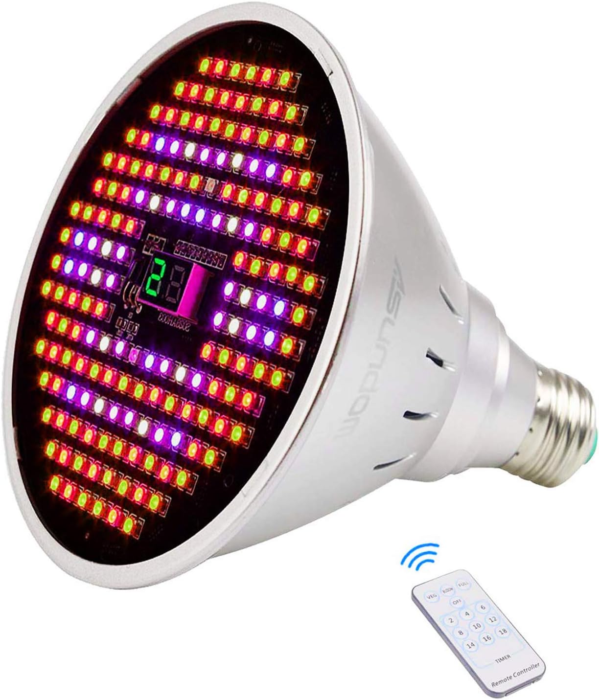 ASUNDOM LED Grow Light Bulb,Full Spectrum 24W Plus Grow Lights with Timer & Three Mode Switch for Indoor Plants Veg and Flower (Veg/Bloom/Full Modes,Free E27 Clamp)