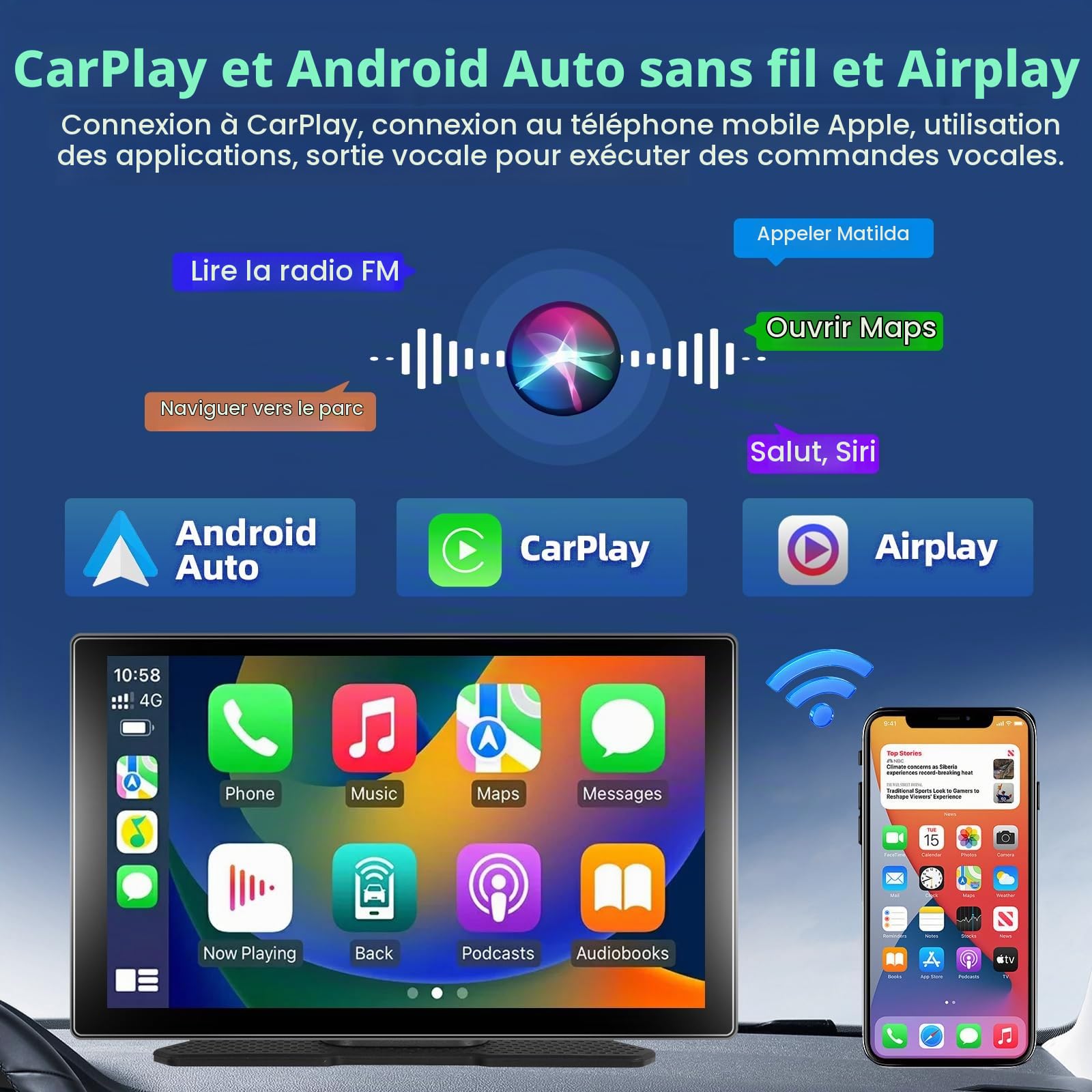 Autoradio Portable avec Grand écran Tactile IPS 9'' Compatible A-pple CarPlay et Android Auto écran Podofo Display avec Bluetooth/émetteur FM pour Voitures,SUV,Fourgonnettes,Pick-up et Camions,7V-32V