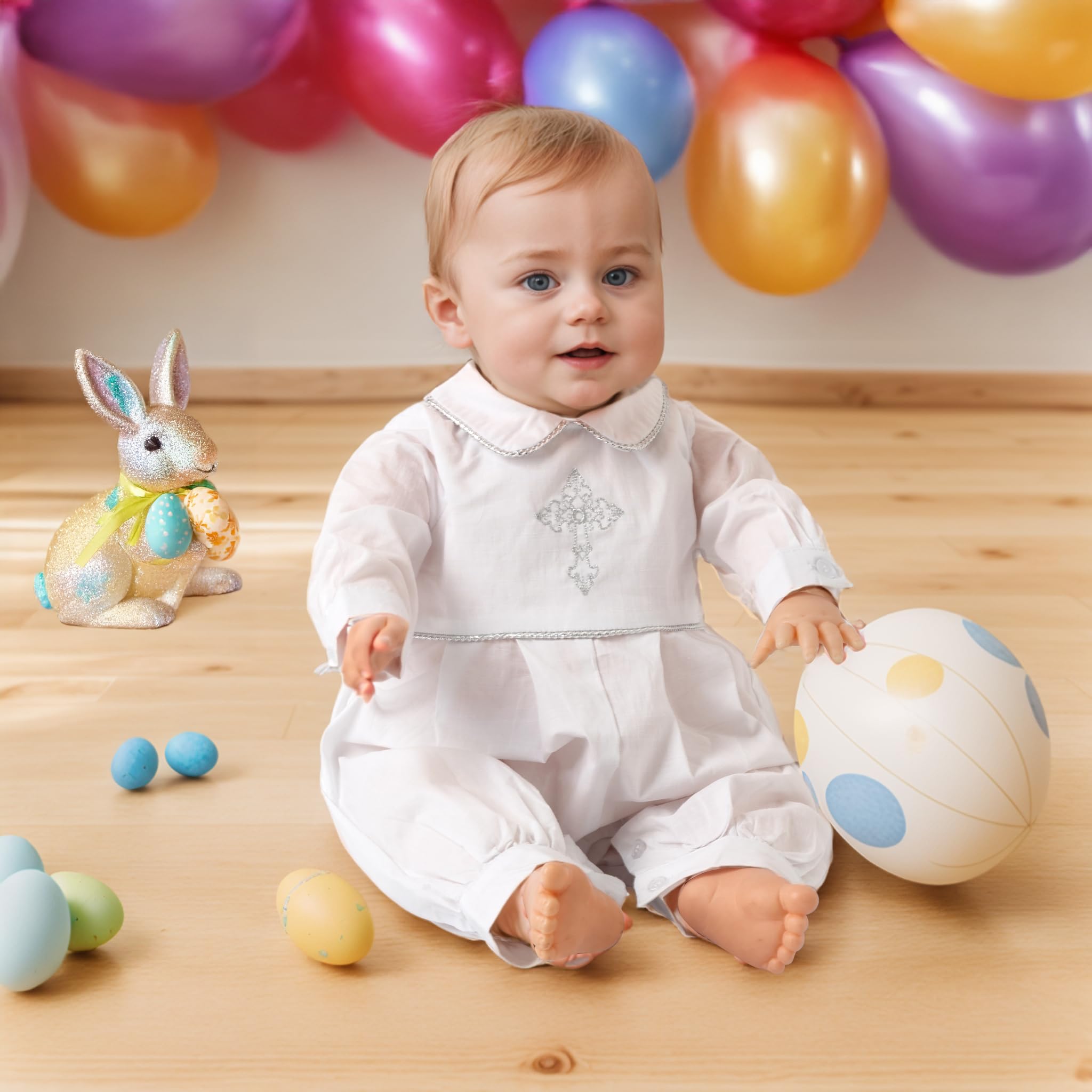 Booulfi 0-3 Months Boy Clothes Baptism Outfits For Boys White Long Sleeves Easter Christening Cross Embroiddery Newborn Outfits Catholic Collared Newborn Boy Clothes